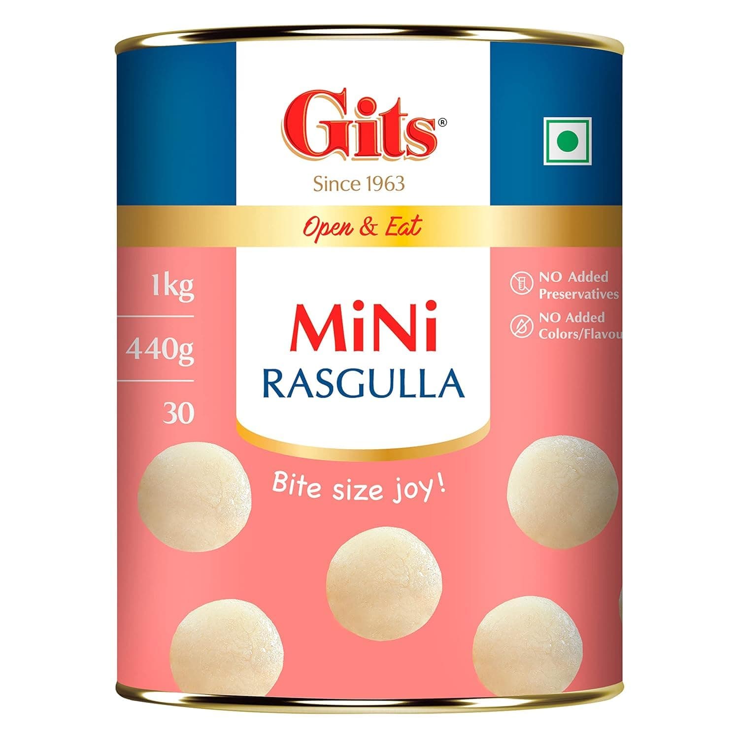 Open & Eat Mini Rasgulla, 30 Pieces Per Can, Authentic Bengali Sweet, 1Kg