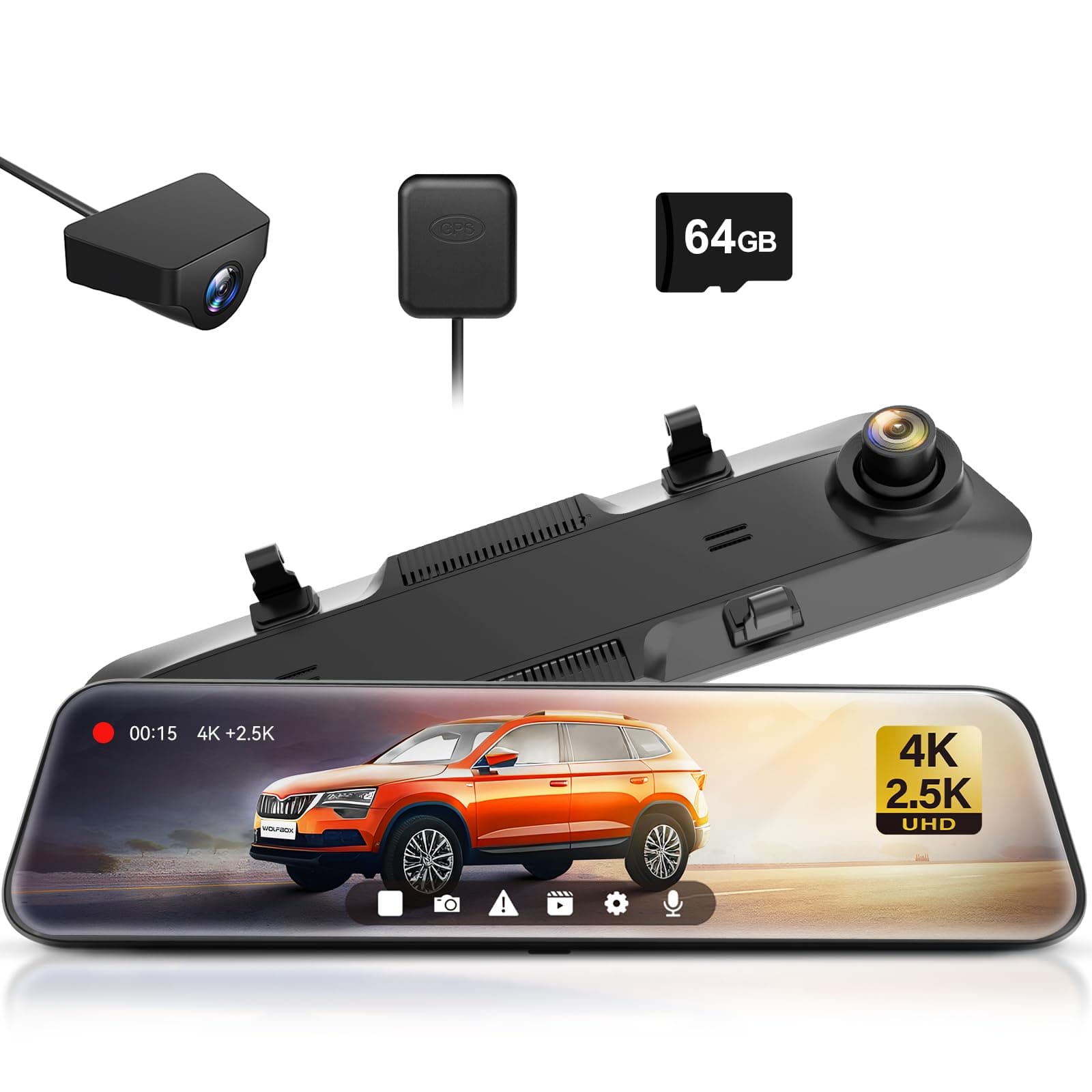 WOLFBOX Dash cam per auto 4K+2.5K Specchietto Telecamera a Specchio Anteriore e Posteriore per Auto con Schermo da 12" Telecamera con WDR, Visione Notturna, GPS & Scheda by 32 GB