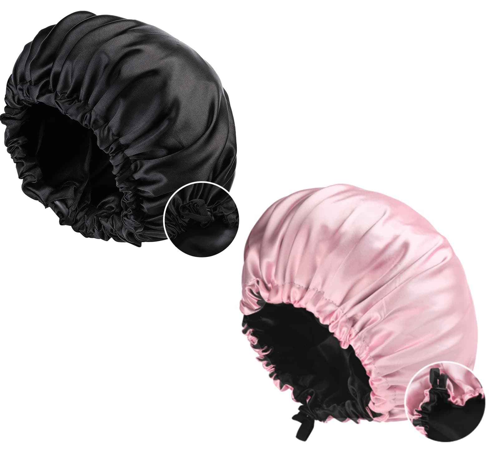 LARDROK 2 Pcs Satin Bonnet for Sleeping,Extra Large Double Layer Adjustable Satin Sleep Cap,Silk Hair Bonnet for Women for Long Curly Hair Protection（Black+Pink）