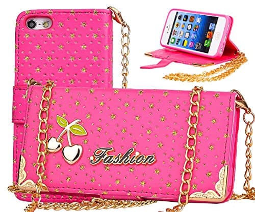 5c Case, iphone 5c Case, ARTMINE Cute Cherry Gold Stars Durable Premium PU Leather Flip Folio Book Style Wristlet Chain Wallet Protective Skin Pouch Phone Case & Magnetic Closure with Credit/ID Card Slot [ Kickstand Feature ] for Apple iphone 5c Verizon, AT&T, Sprint, T-Mobile Rose