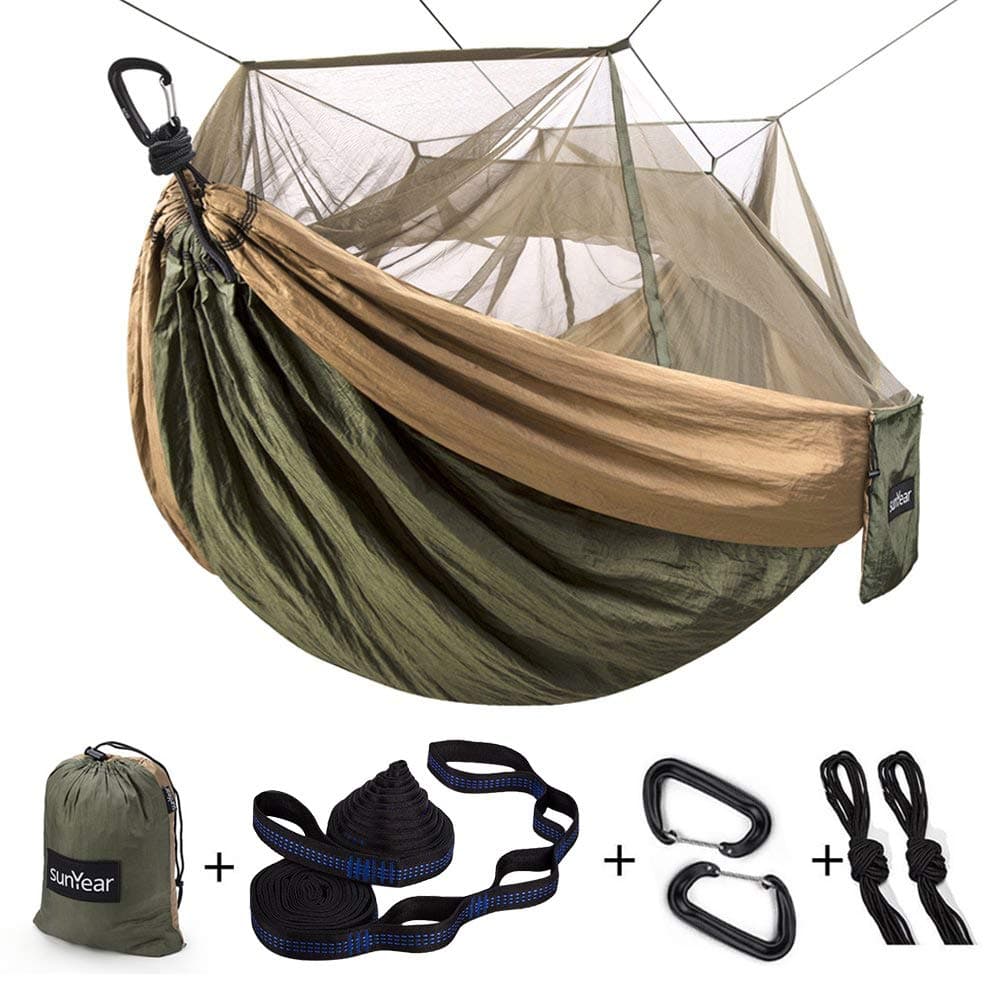 Single & Double Camping Hammock with Mosquito/Bug Net, 10ft Hammock Tree Straps and Carabiners, Easy Assembly, Portable Parachute Nylon Hammock for Camping, Backpacking, Survival, Travel & More
