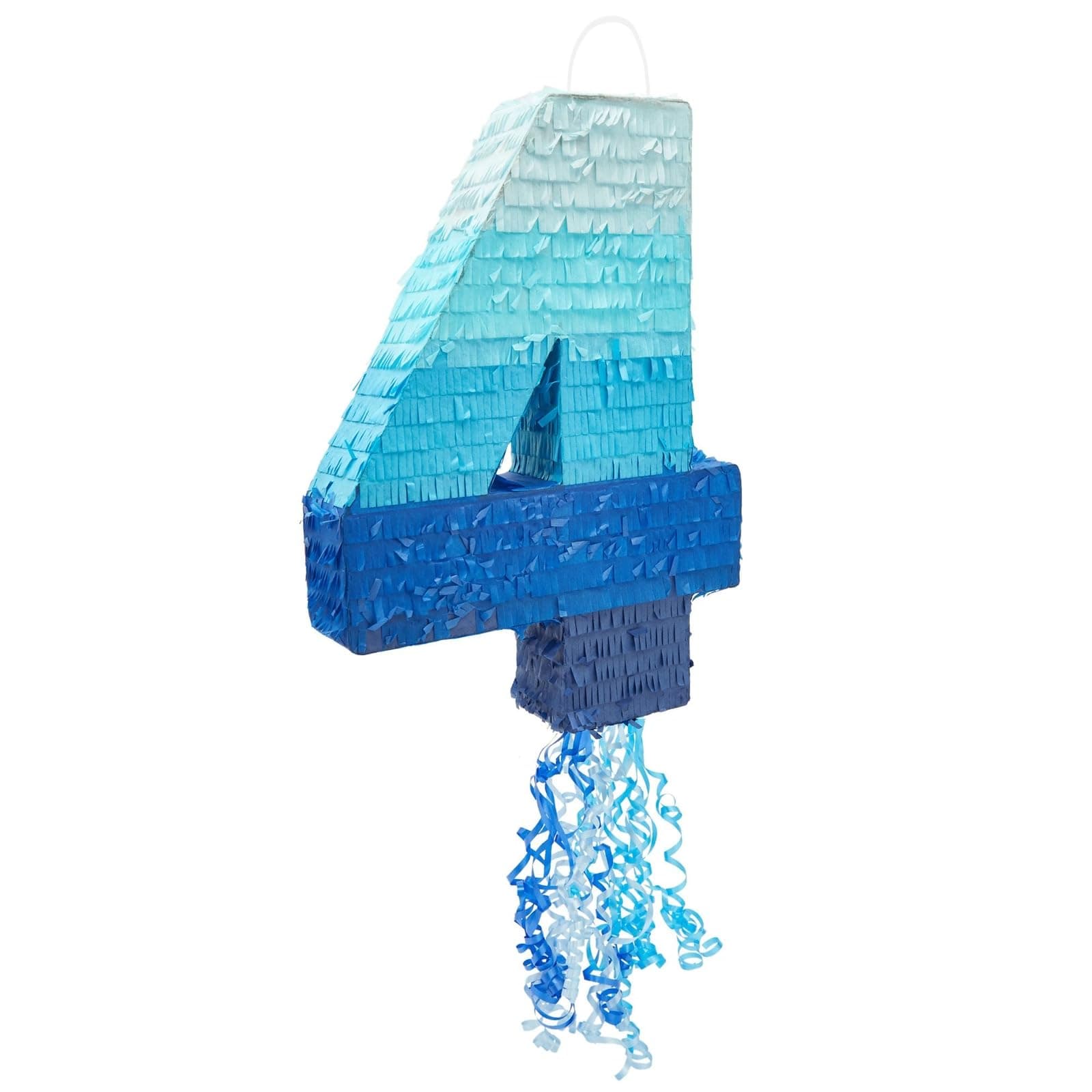 Ombre Blue Number 4 Pull String Pinata for Birthday Party (16.5 x 11.89 x 3 In)