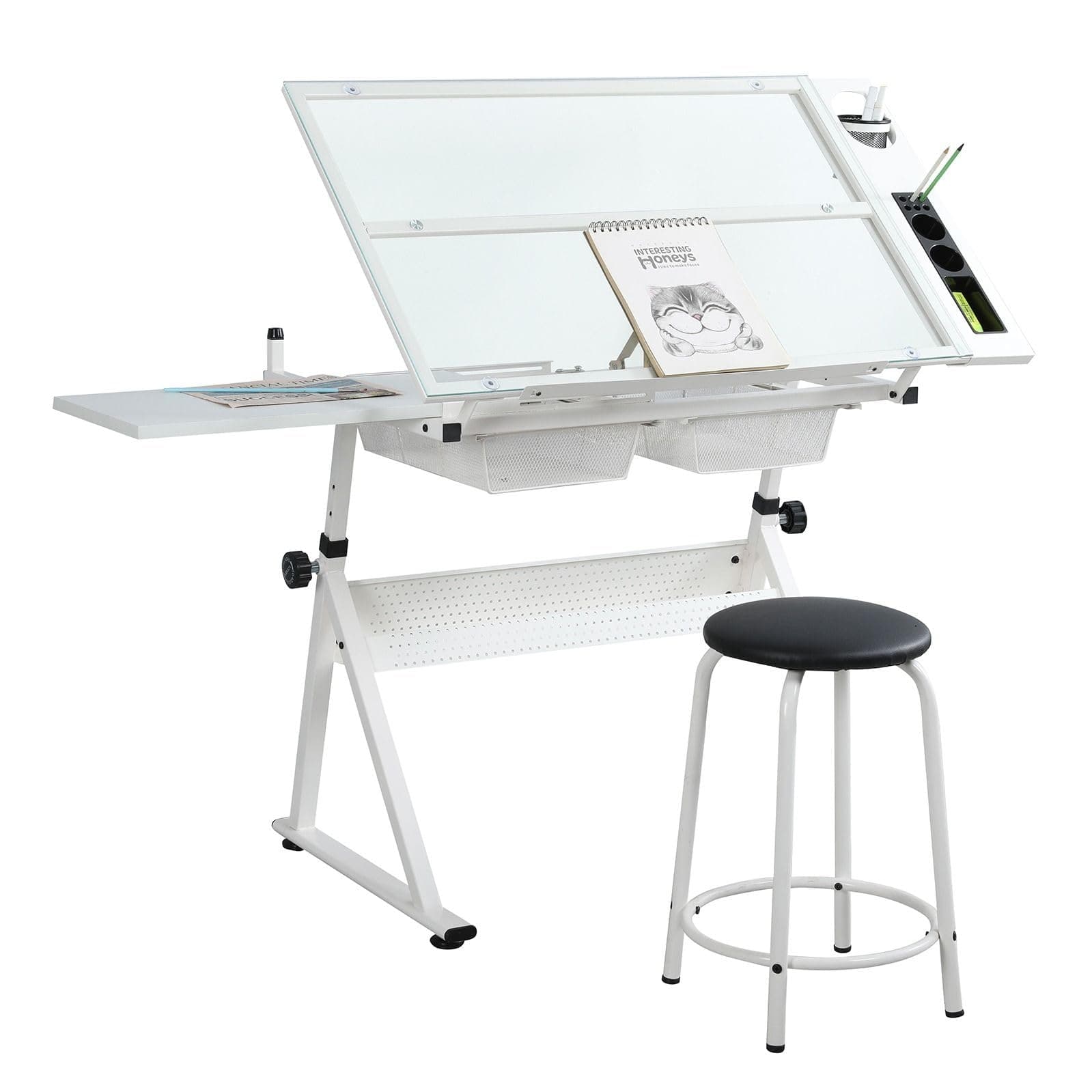 Drafting Table with Stool, Modern Adjustable Tempered Glass Printing Artwork Desk for Art Studio Home Office School
