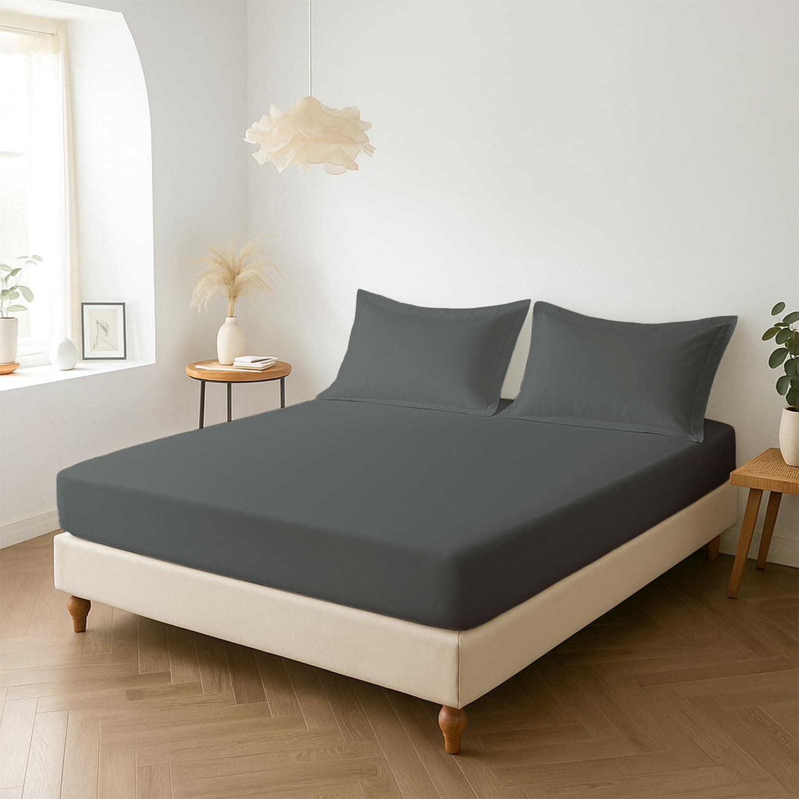Pizuna Percale Fitted Sheet Double 140x200 cm with 2 Pillowcases, Dark Grey, 100% Long Staple Cotton, Crisp Percale Weave, 40 cm Deep Fitted Sheets Double Bed