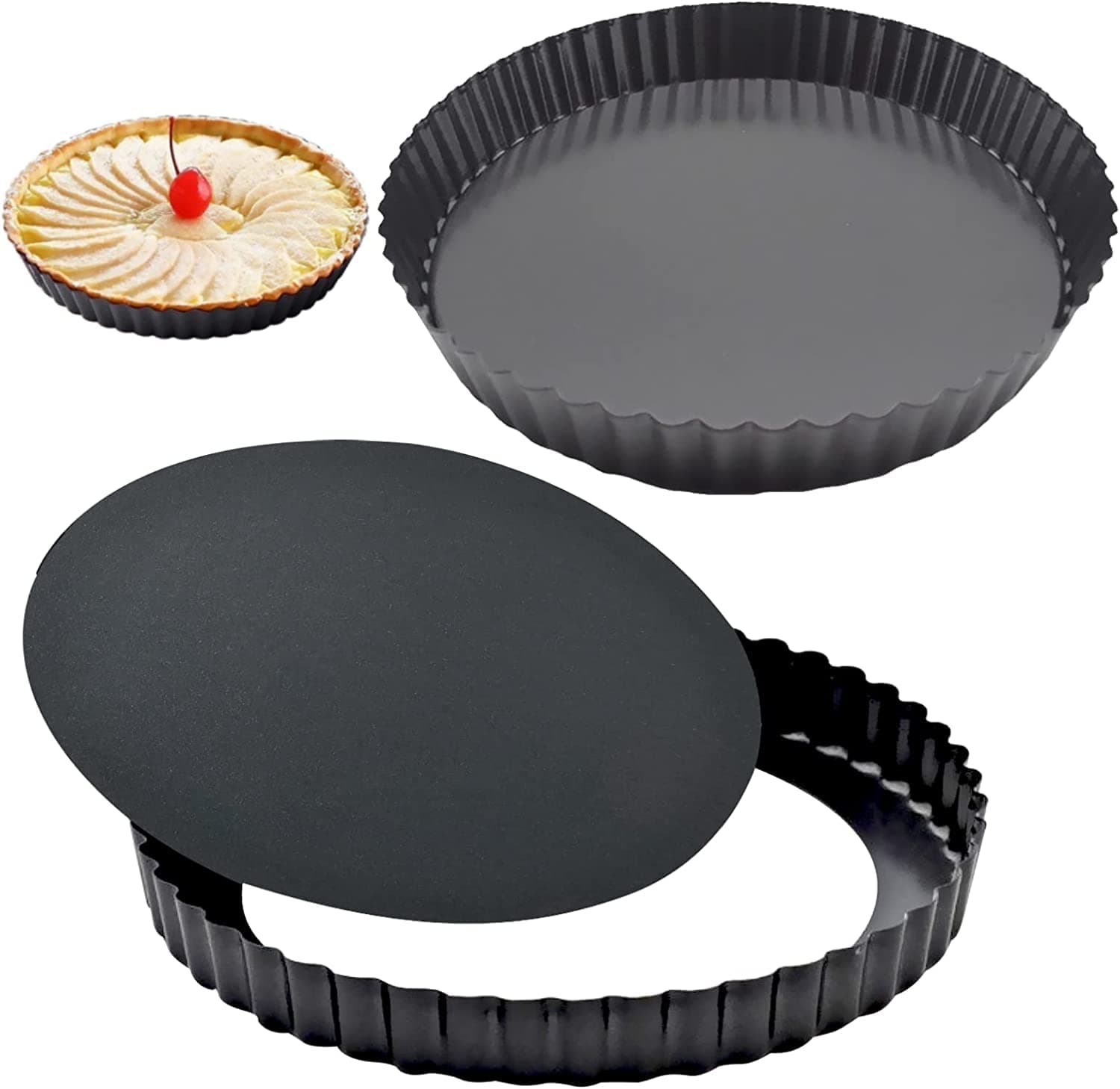 AMERTEER Nonstick Pie Pan with Removable Bottom – 7-Inch Round Fluted Tart Pan, Quiche Pan, Pizza Pan for Baking, Carbon Steel Nonstick Bakeware for Easy Release and Cleanup