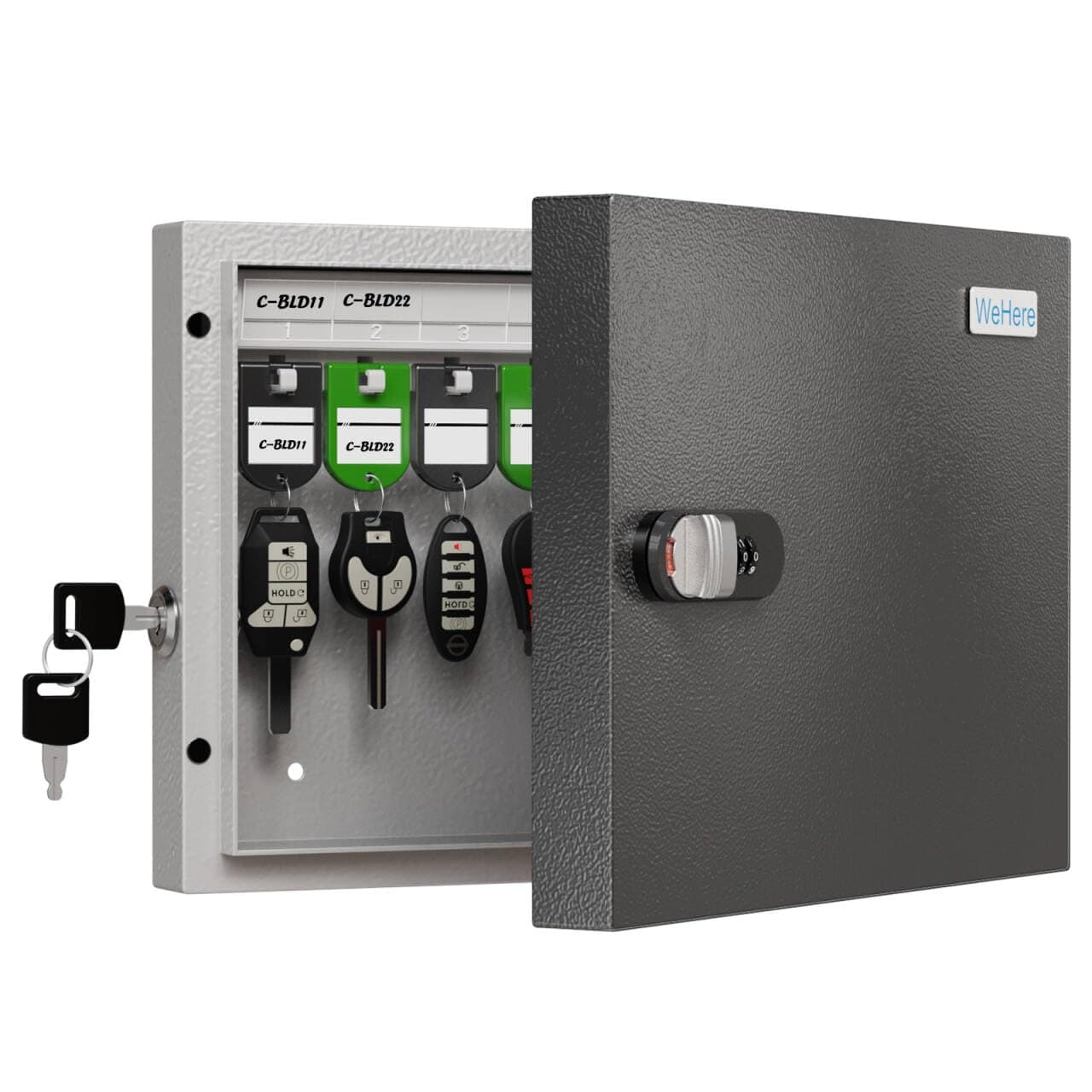 WeHere 16 Key Lock Box – Wall Mounted Key Cabinet with Dual Lock (Key & 3-Digit Combination), Home & Small Office Key Organizer for Entryway & Garage,Includes Key Tags