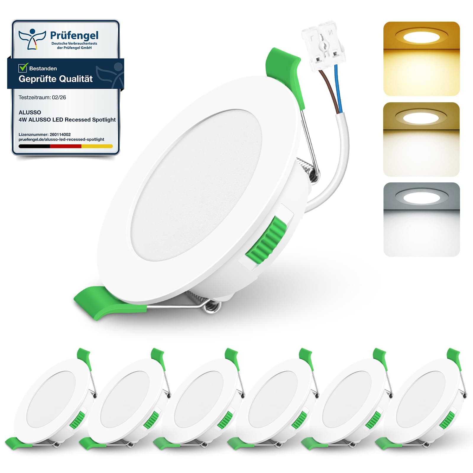 ALUSSO 6 Pack LED Recessed Ceiling Lights Dimmable,4W 310LM 55-68mm Cutout Led Spot AC 220-240V,3CCT 3000K 4000K 6500K Adjustable, IP44 Suitable for Bathroom Living Room Kitchen,Round,White