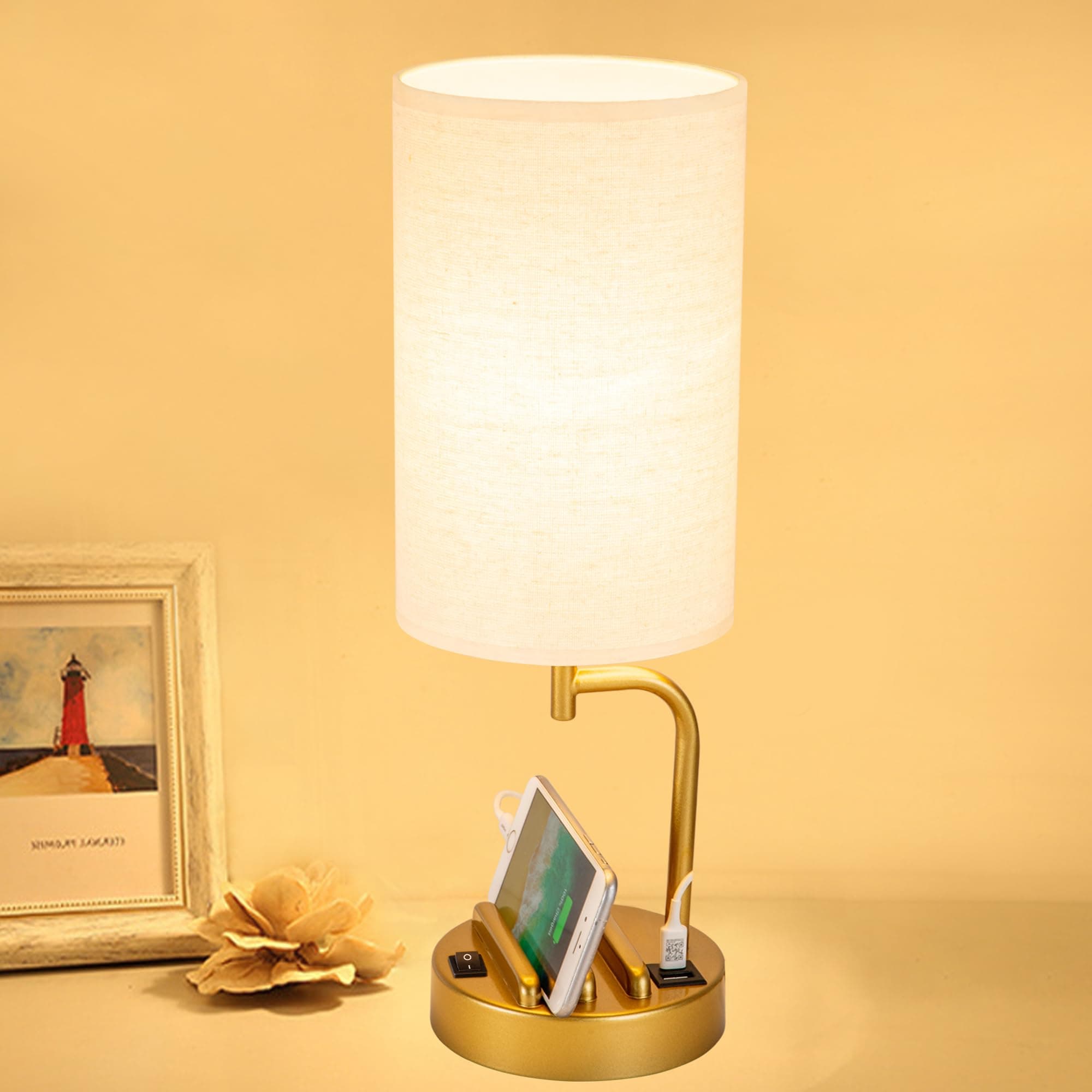 Dreamholder Bedside Lamp USB Table Lamp, Desk Lamp with USB C&A Charging Ports, Nightstand Light with Phone Stands for Bedroom Living Room, Home Office Decor, Gold, Without Bulb [Energy Class E]