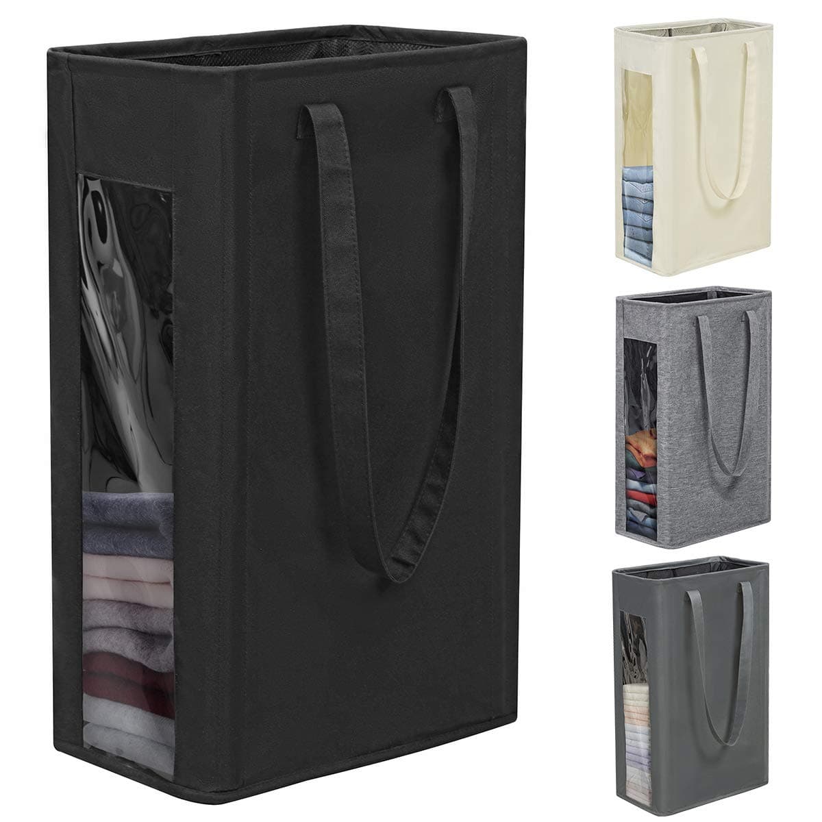 Chrislley Laundry Hamper with Visual Window 25in Slim Laundry Basket with Handle Foldable Dirty Clothes Basket Durable Thin Laundry Organizer for Corner Narrow (Black,66L)