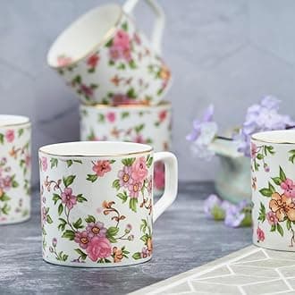 GOLDEN QUEEN'S Tea Cups Set of 6 | Ideal for Everyday Tea and Coffee, Enhancing Your Daily Rituals | Handcrafted & 24K Gold on Rim - Whimsical Blossoms Tea Mugs