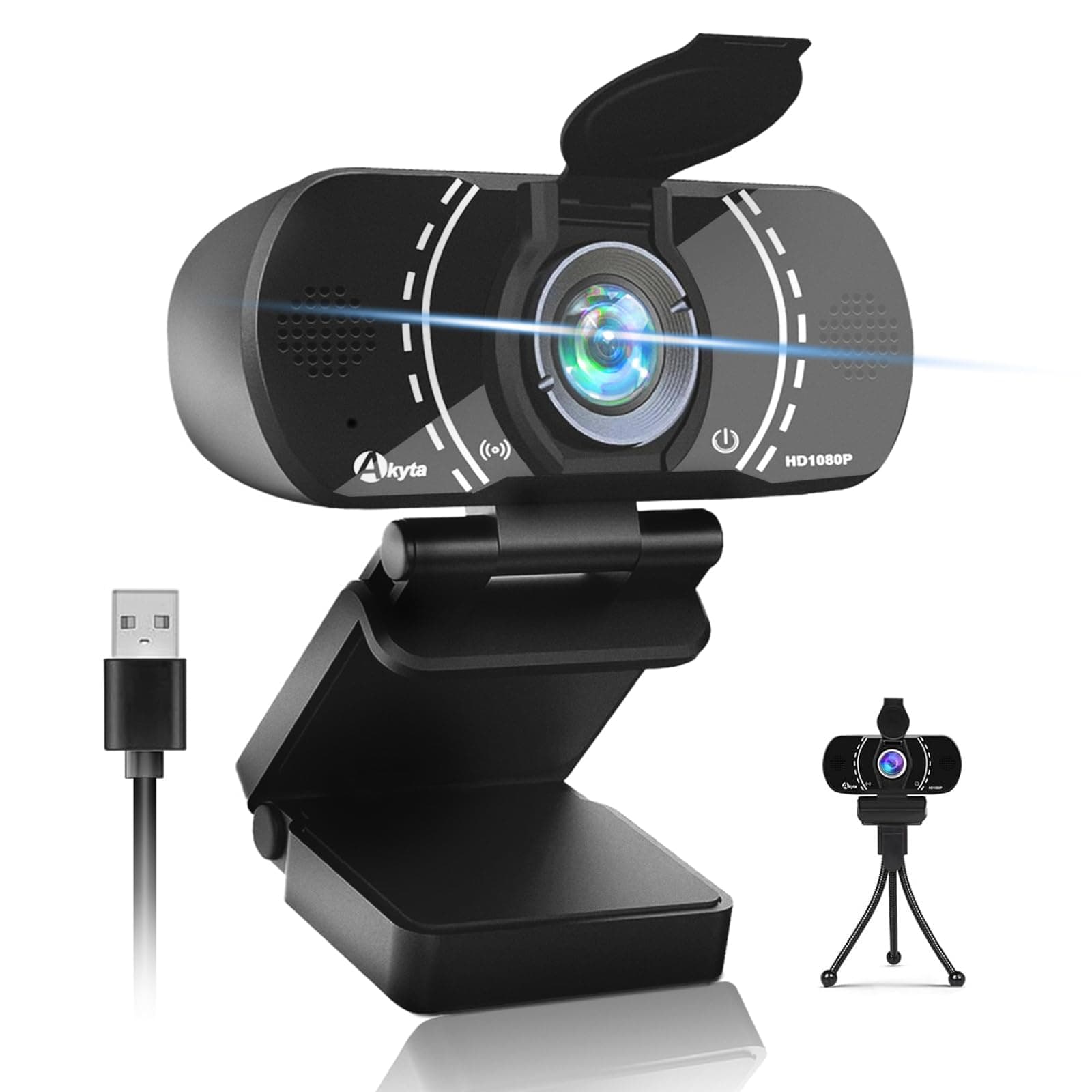 Akyta Webcam for PC, 1080P Webcam with Microphone/Tripod/Privacy Cover/Wide Angle 110°, Plug & Play USB Web Camera for Desktop Computer PC Laptop Mac Video Calling/Streaming/Zoom Conference 