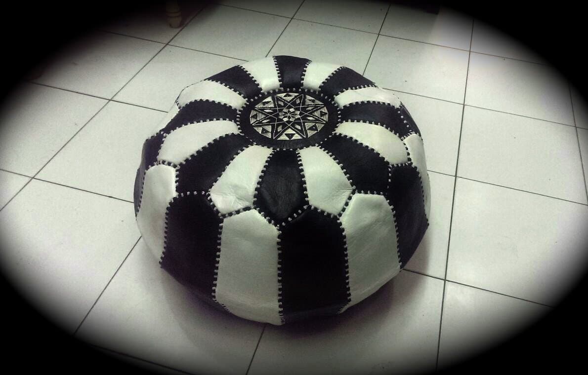 Leather Pouf Ottoman, Moroccan Footstool Black / White