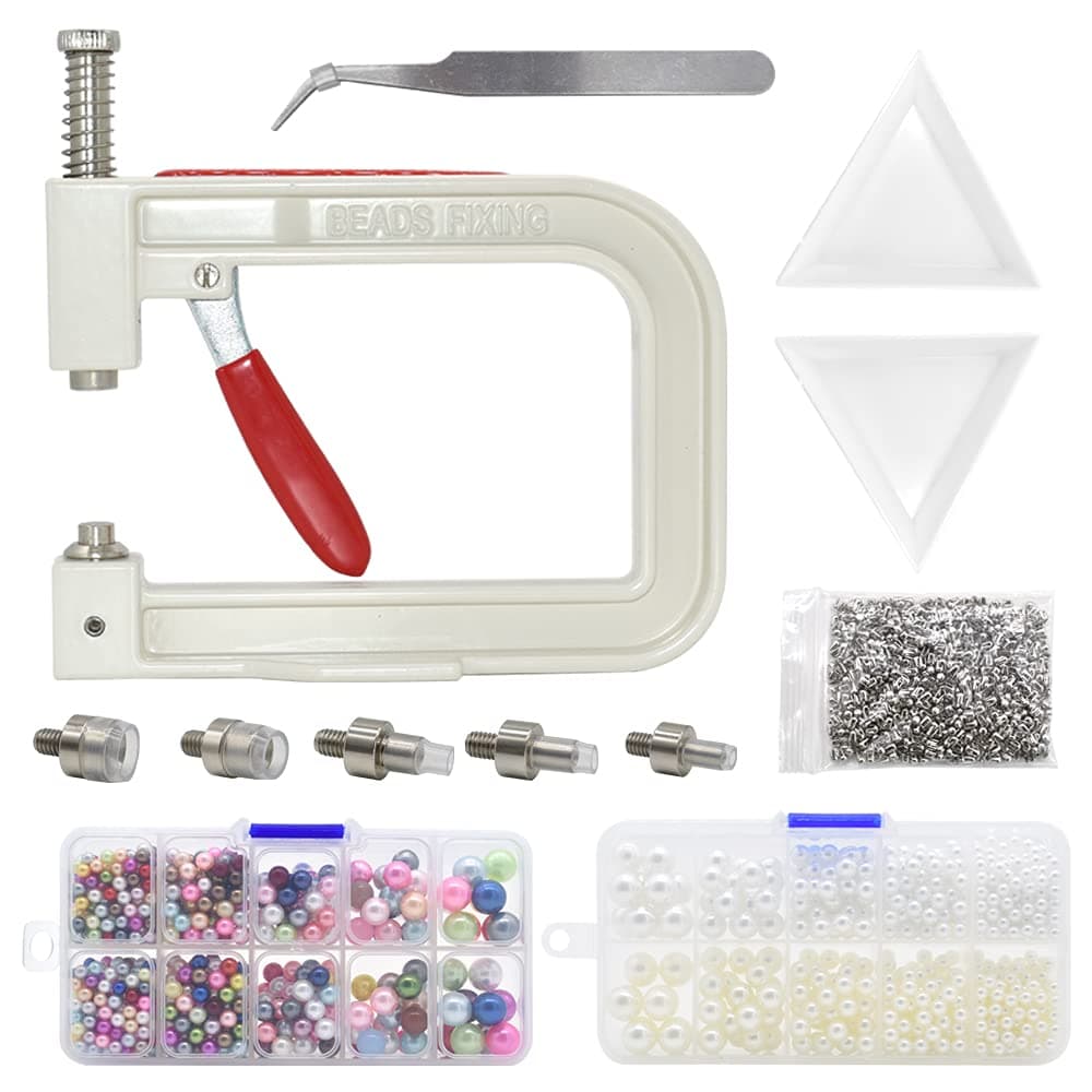 Pearl Setting Hand Press Machine Tools with 2 Boxes of 5 Sizes Colorful no Holes Round Pearls Beads and Rivet Studs, Screw Heads Tweezers for DIY Crafts