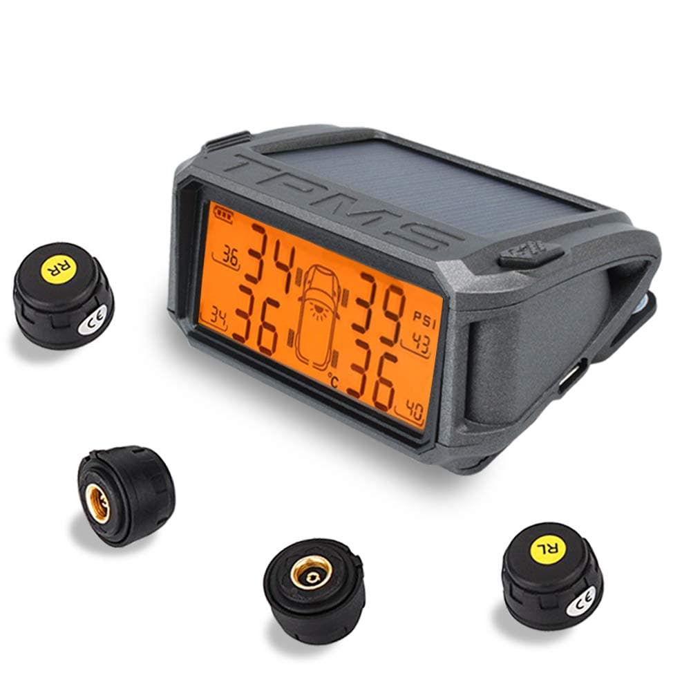 DEEWAZ TPMS Solar Power with HD LCD Screen, Real-time Display 4 Tires' Pressure and Temperature (-40~80℃), Wireless Tire Pressure Monitoring System with 4pcs External Sensors (0~99PSI), 6 Alarm Modes