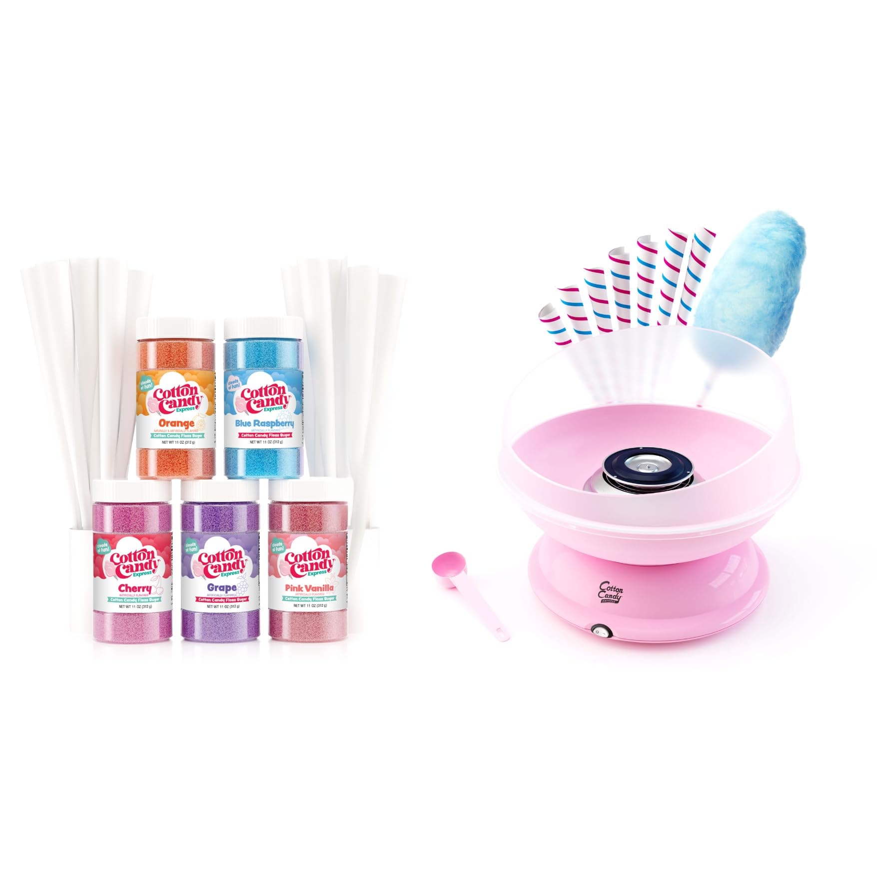 CC1000-S Cotton Candy Machine with 5 Sugar Pack (Cherry Grape Blue Raspberry Orange Pink Vanilla)