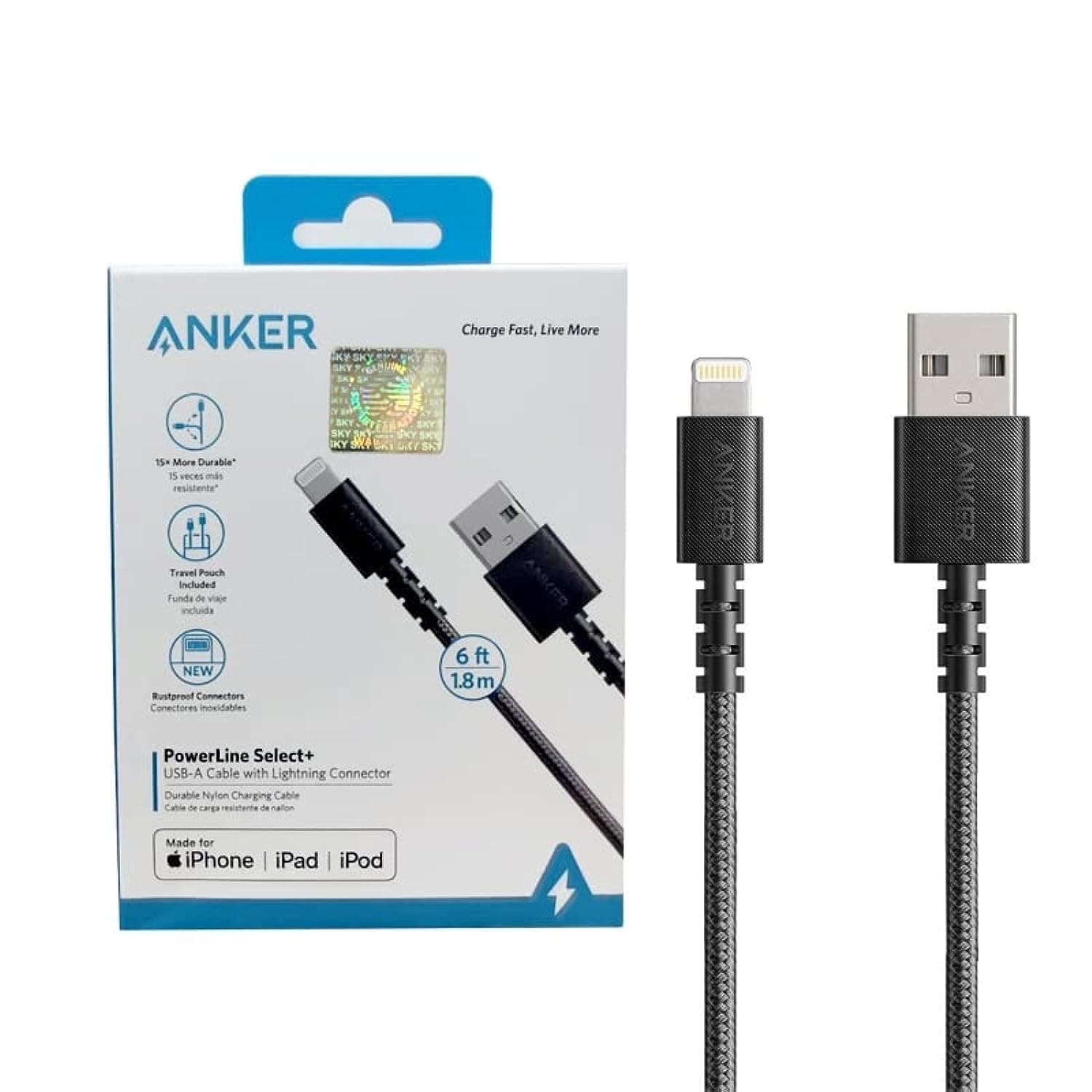 AnkerPowerline II Lightning Cable 6ft MFi Certified USB Charging Sync Cable Compatible with iPhone SE 11, 11 Pro, 11 Pro, 11 Pro, 11 Pro, Max, Xs, Max, XR X, 8, 7, 6s, 6, 5, iPad and More