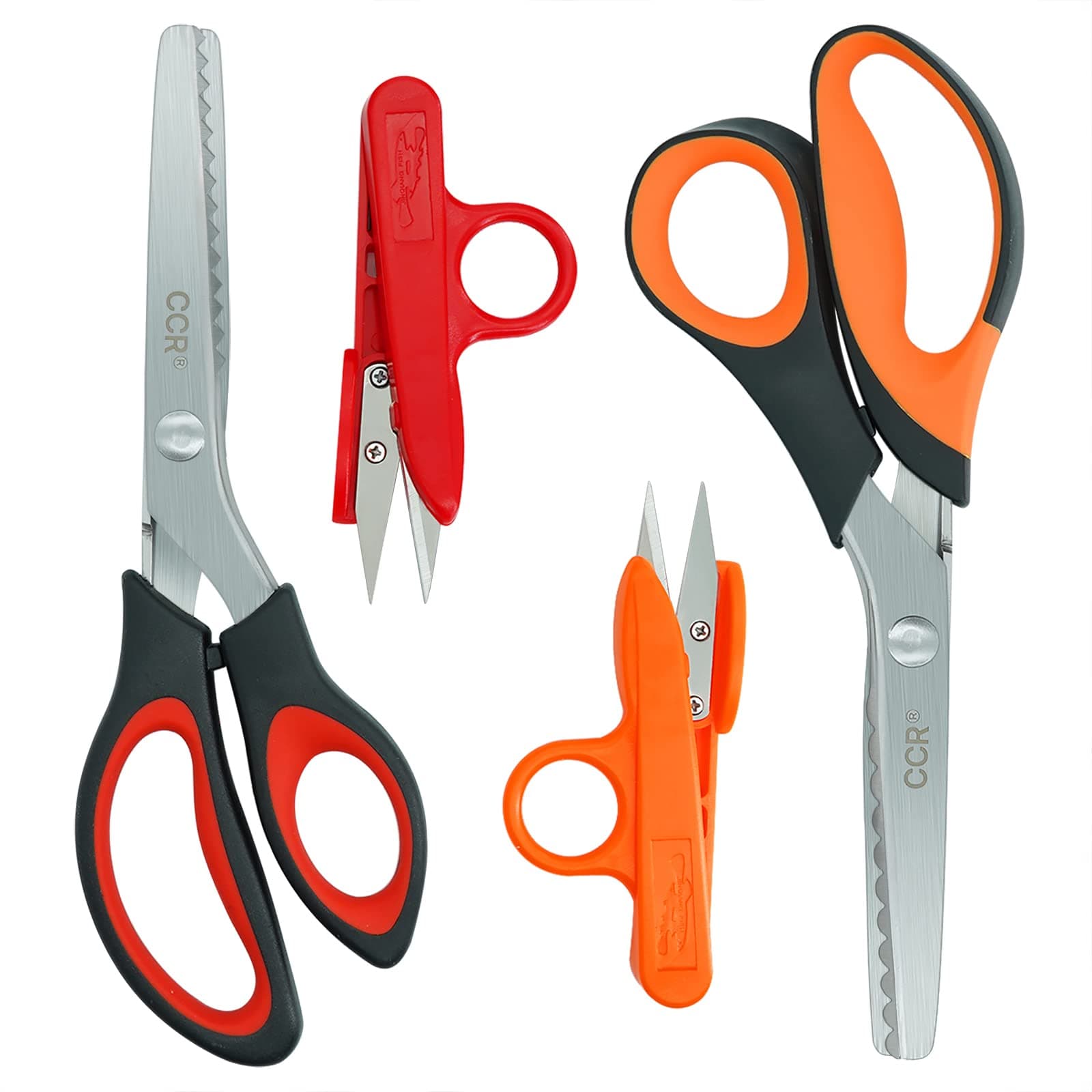 CCR Pinking Shears Serrated,Zigzag Scissors with Comfort Grip for Cutting Fabric,4 Pieces, Toothed and Wavy Tooth Edges with Thread Scissors,Orange/Black,Red/Black,9.5/9.1Inch