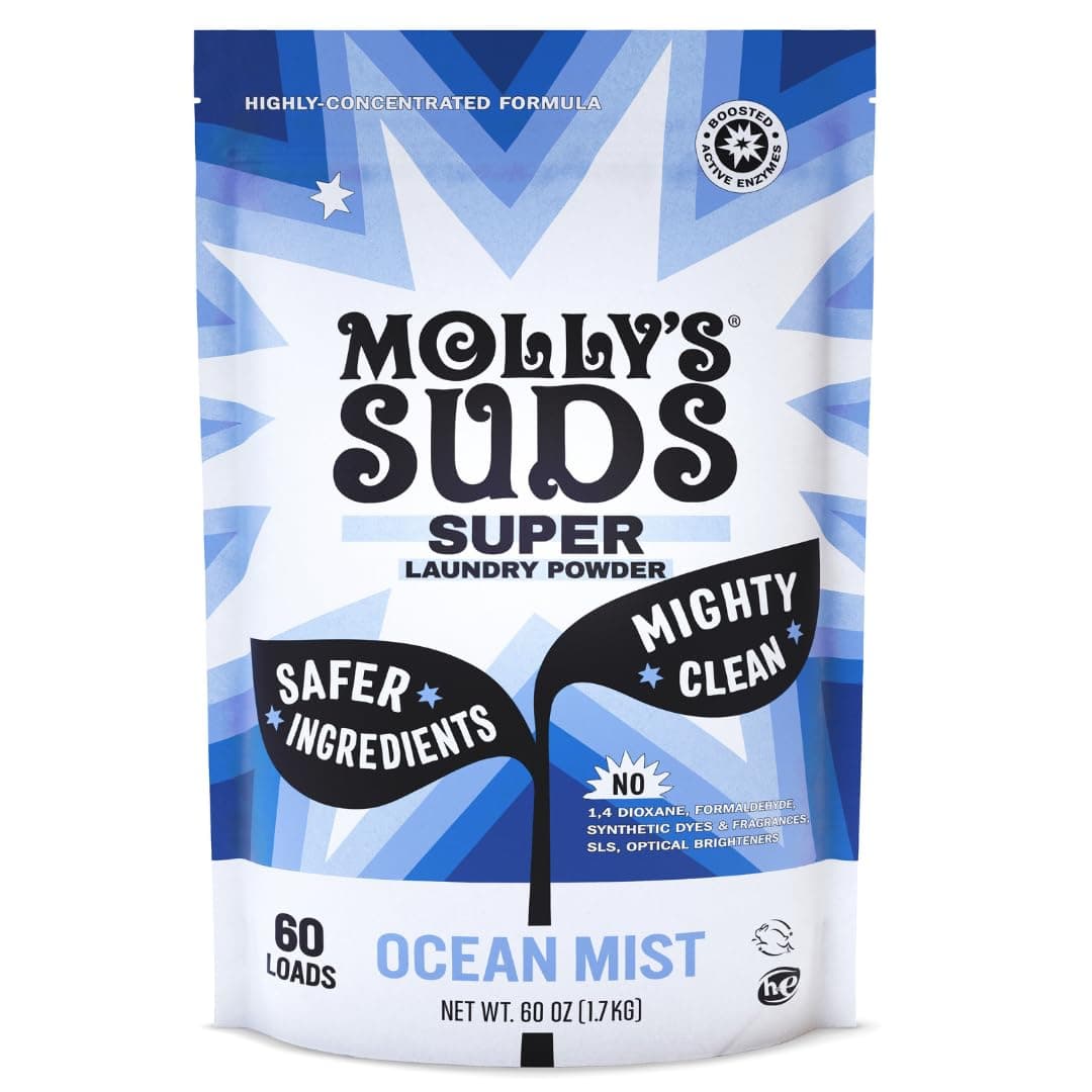 Molly's Suds Super Powder Detergent | Extra Strength Laundry Soap, Stain Fighting | Sensitive Skin | Simple, Effective Ingredients | 60 Loads - Ocean Mist