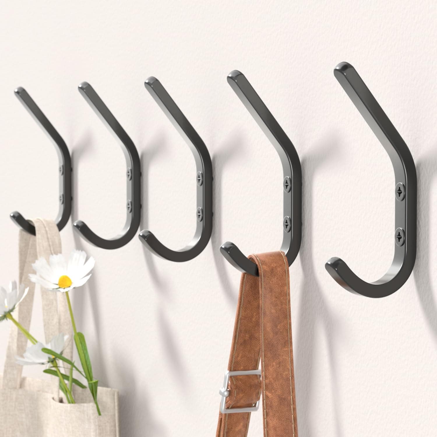 Wall Hooks for Hanging Coats - 5 Pack Black 3.2'' Double Hook Design, Hat Organizers, Wall Mount Hangers for Bags and Keys, Perfect for Garage, Workshop, Entryway, Closet, and DIY Projects