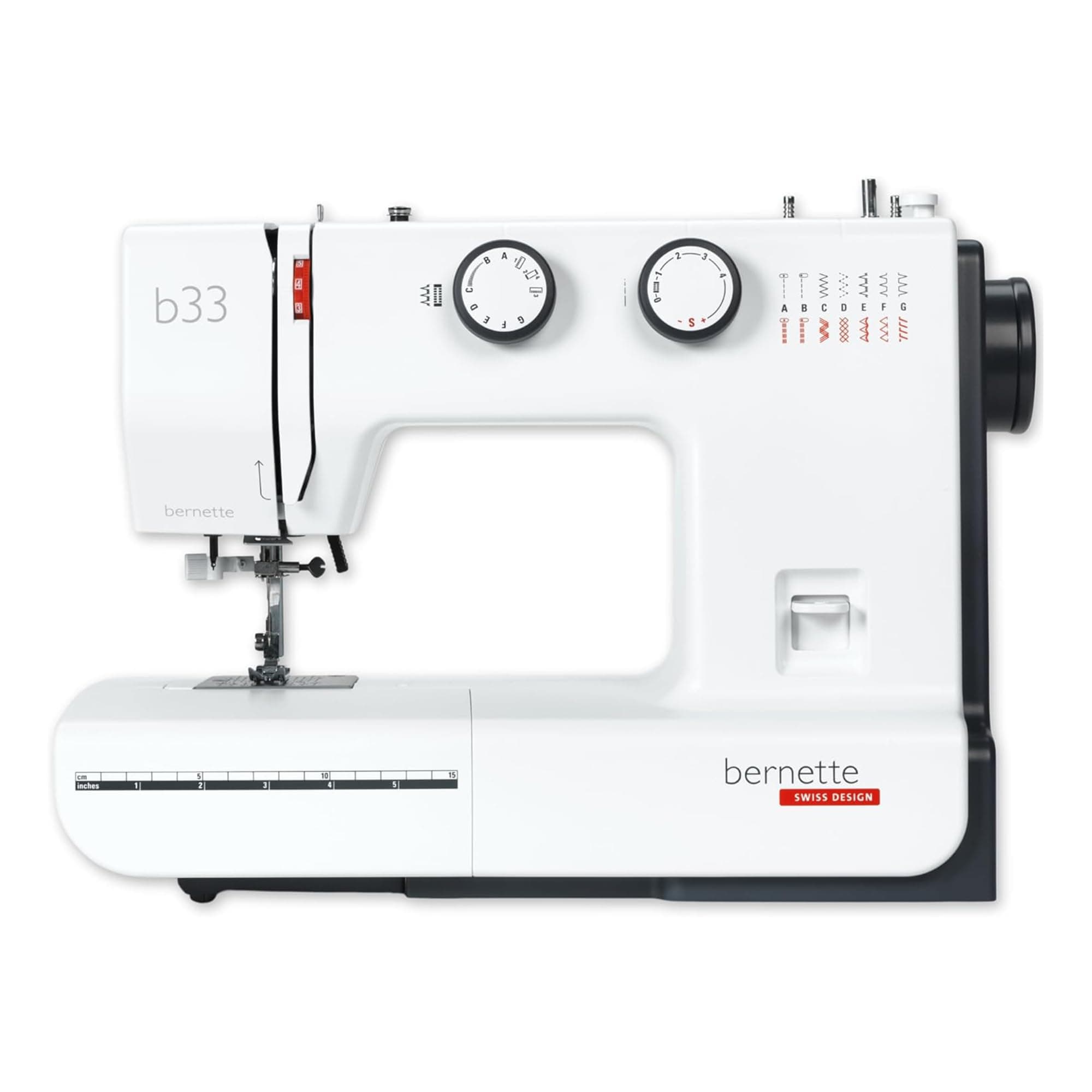 Bernette B33 Swiss-Designed Mechanical Sewing Machine | 15 Stitches, Semi‑Automatic Needle Threader, 5 mm Stitch Width, 2‑Step Presser Foot Lift, Manual Thread Cutter