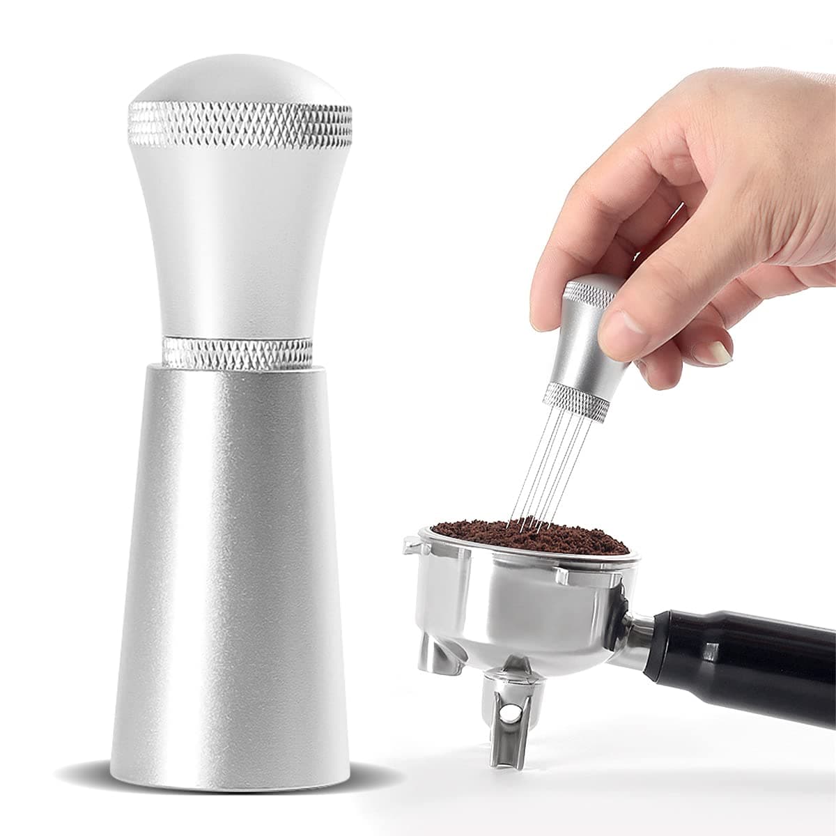 Coffee Distribution Tool, Coffee Needle Distributor, 0.3mm Thick Stainless Steel 7 Needles Tool Coffee Distribution for Barista (4 Replacement Needle) (Silver)