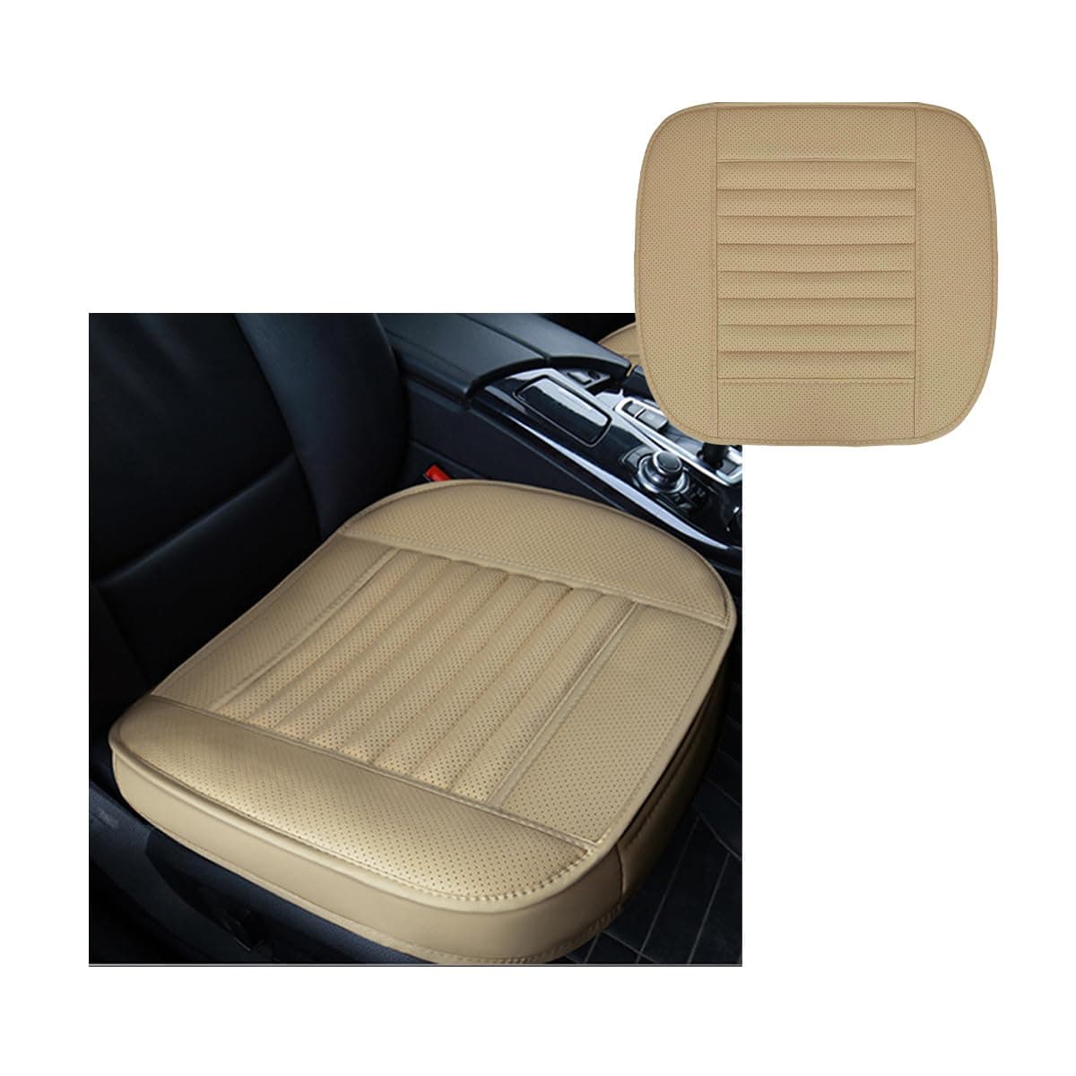 Car Front Bottom Seat Cover, PU Leather Full Wrap Bottom Seat Cushion with Storage Bag, Front Car Bottom Seat Pad Fits for 95% Vehicle, Universal Interior Car Accessories (Beige)