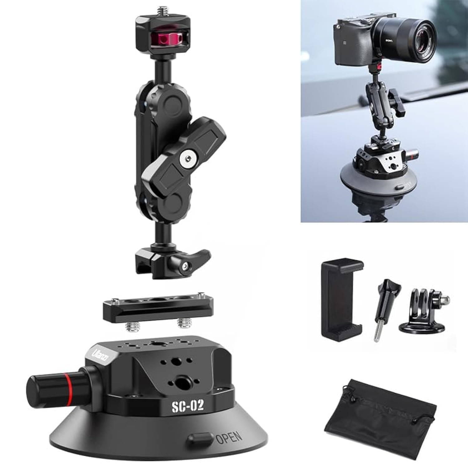 Ulanz i SC-02 Strong Suction Cup Mount for Camera Action Camera | Compatible with Sony Canon Nikon Mirrorless DSLR Camera | 3KG Max Load | 12cm Base Mount | Phone Action Camera Mounts | 1-Yr Warranty