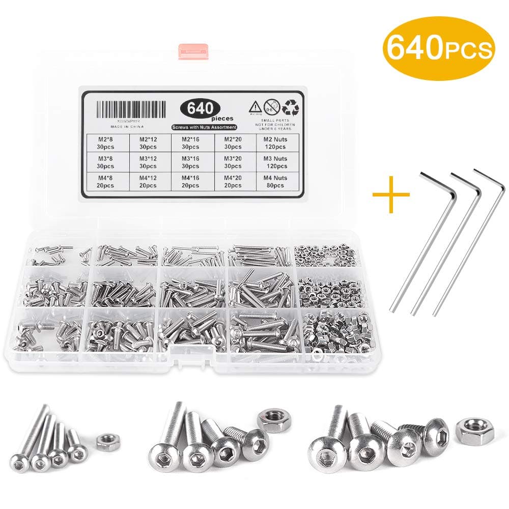Nuts and Bolts,M2 M3 M4 Hex Socket Button Head Screws and Nuts Assortment Set, 304 Stainless Steel Bolts and Nuts kit with a Plastic Box,640 pcs-SUNKONG