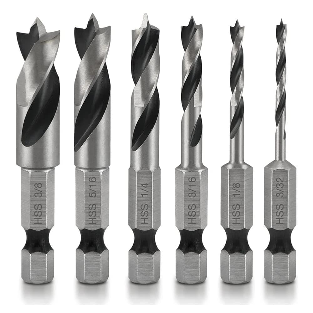 6pcs Brad Point Drill Bits Set1/4-Inch Hex Shank HSS Stubby Drill Bit for Wood 3/32, 1/8, 3/16, 1/4, 5/16, 3/8