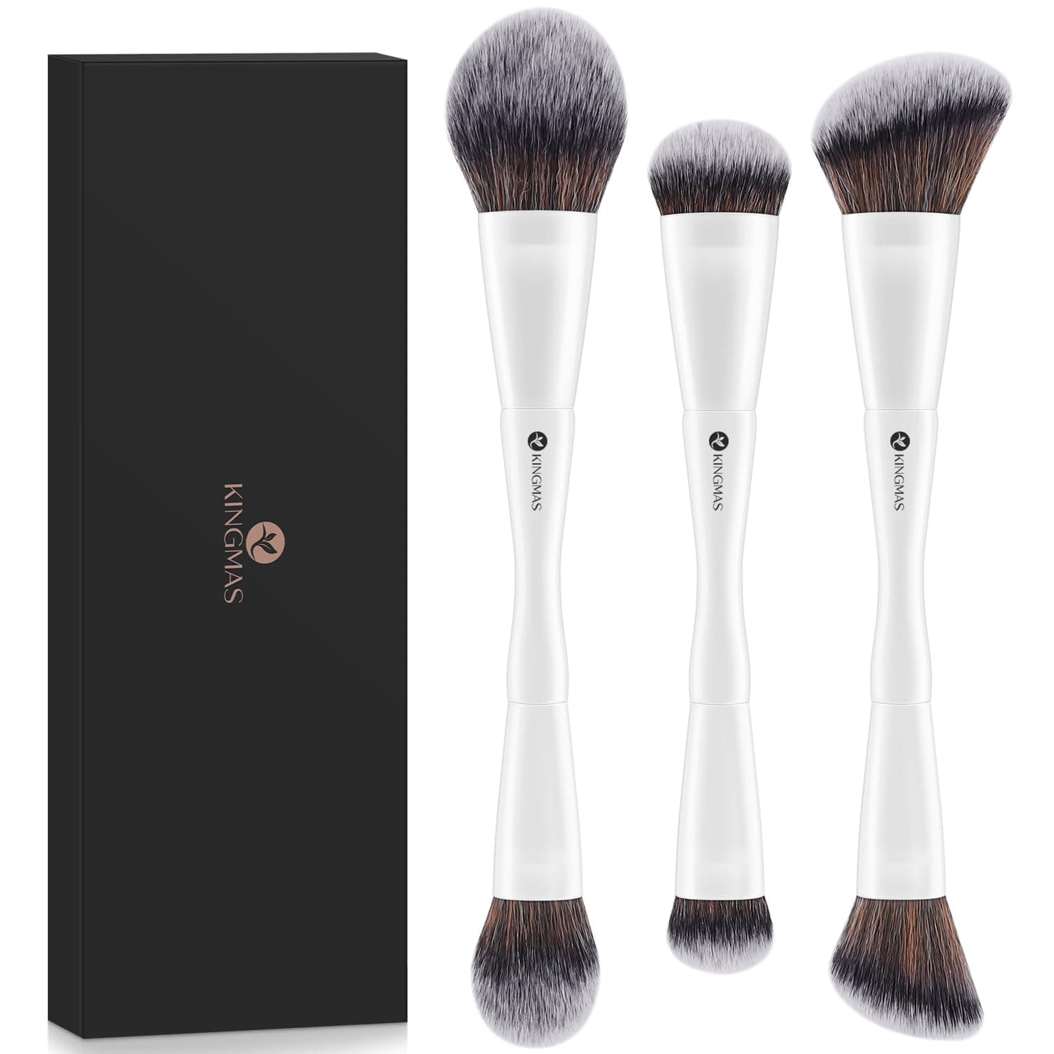KINGMAS 3-Piece Foundation Makeup Brush Set - Double-Ended Kabuki, Large Foundation, Medium Concealer, Small Contour Brushes for Liquid, Cream, Powder, Blending & Buffing Face Makeup Tools