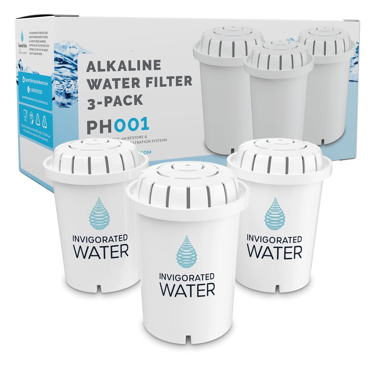 PH001 Alkaline Water Filter - Replacement Water Filter By Invigorated Water - Ionized Water Filter Cartridge - For Invigorated Living Pitcher, Ionizer, Purifier, 96 Gallon Capacity (3 pack)