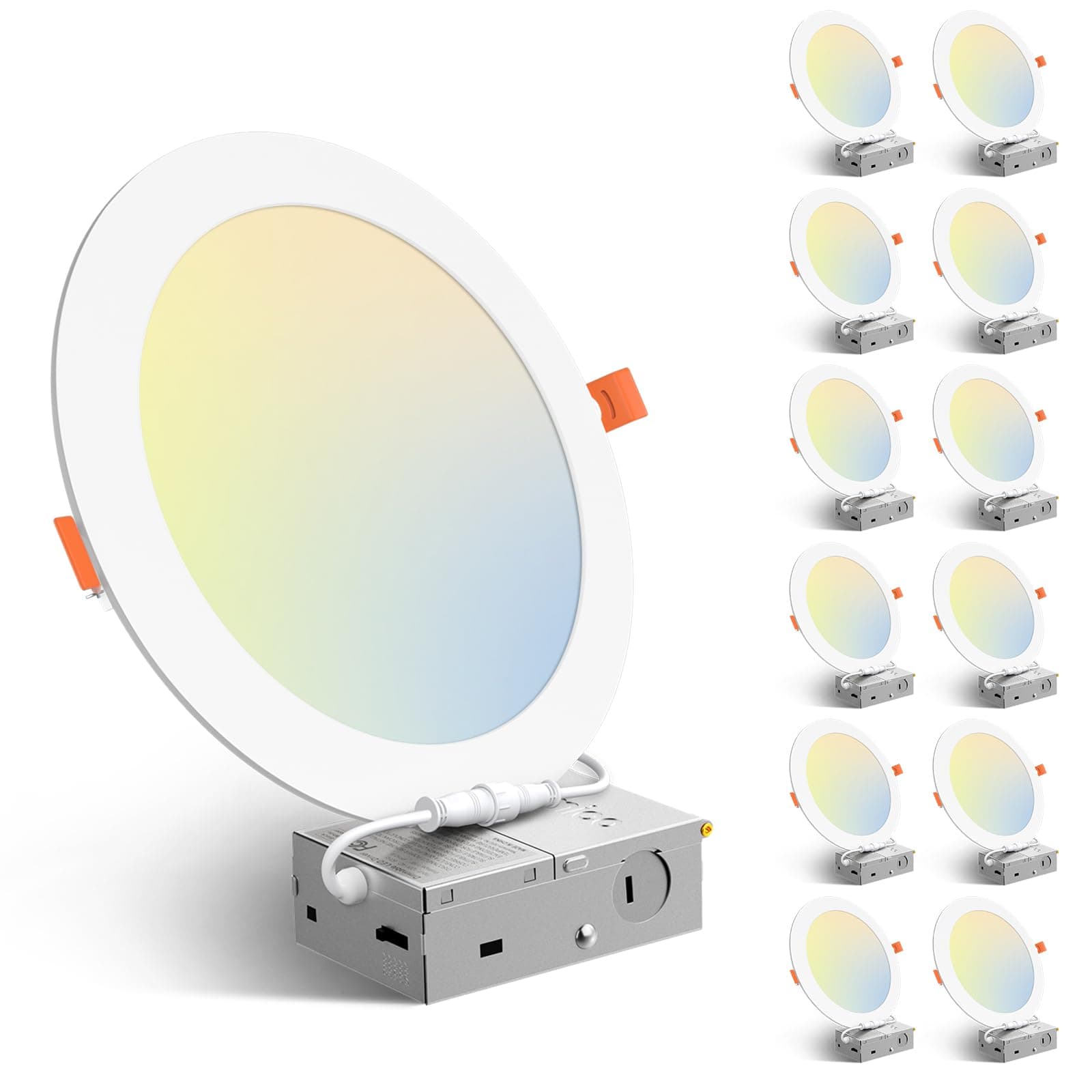 12 Pack 8 Inch 5CCT Ultra-Thin LED Recessed Ceiling Light with Junction Box, 2700K/3000K/3500K/4000K/5000K Selectable, 18W Eqv 125W, Dimmable Canless Wafer Downlight, 1600LM High Brightness -ETL