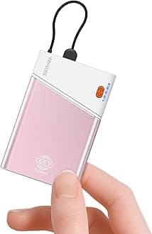 Power Bank, Smallest 5000mAh Portable Charger with Built-in USB C in&Out Fast Charging Cable, Compact Super Slim Mini Battery Pack for iPhone 16/15/14 Samsung S24 with Lanyard, Pink
