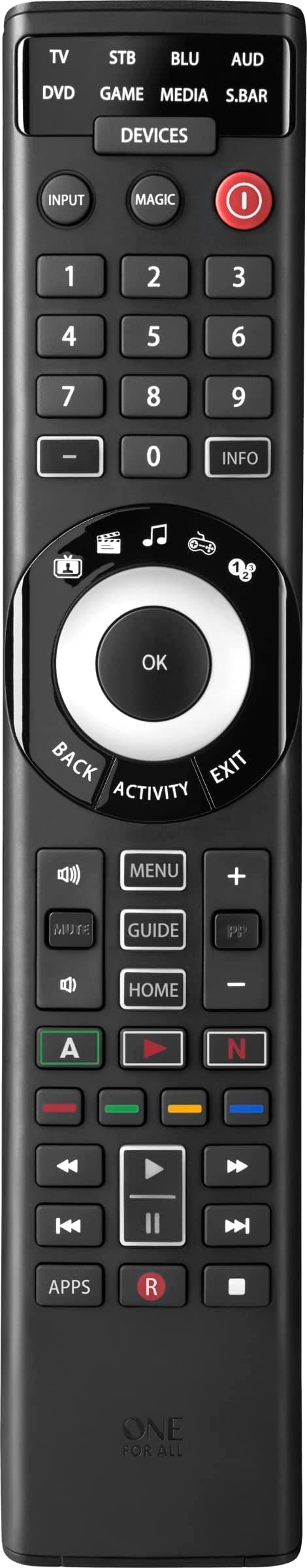 One for All URC7880 Universal Smart Remote Control up to 8 Devices with Free Setup App - Easy Learning Feature - Infrared Connectivity Technology and 3 Shortcut App Keys – Black