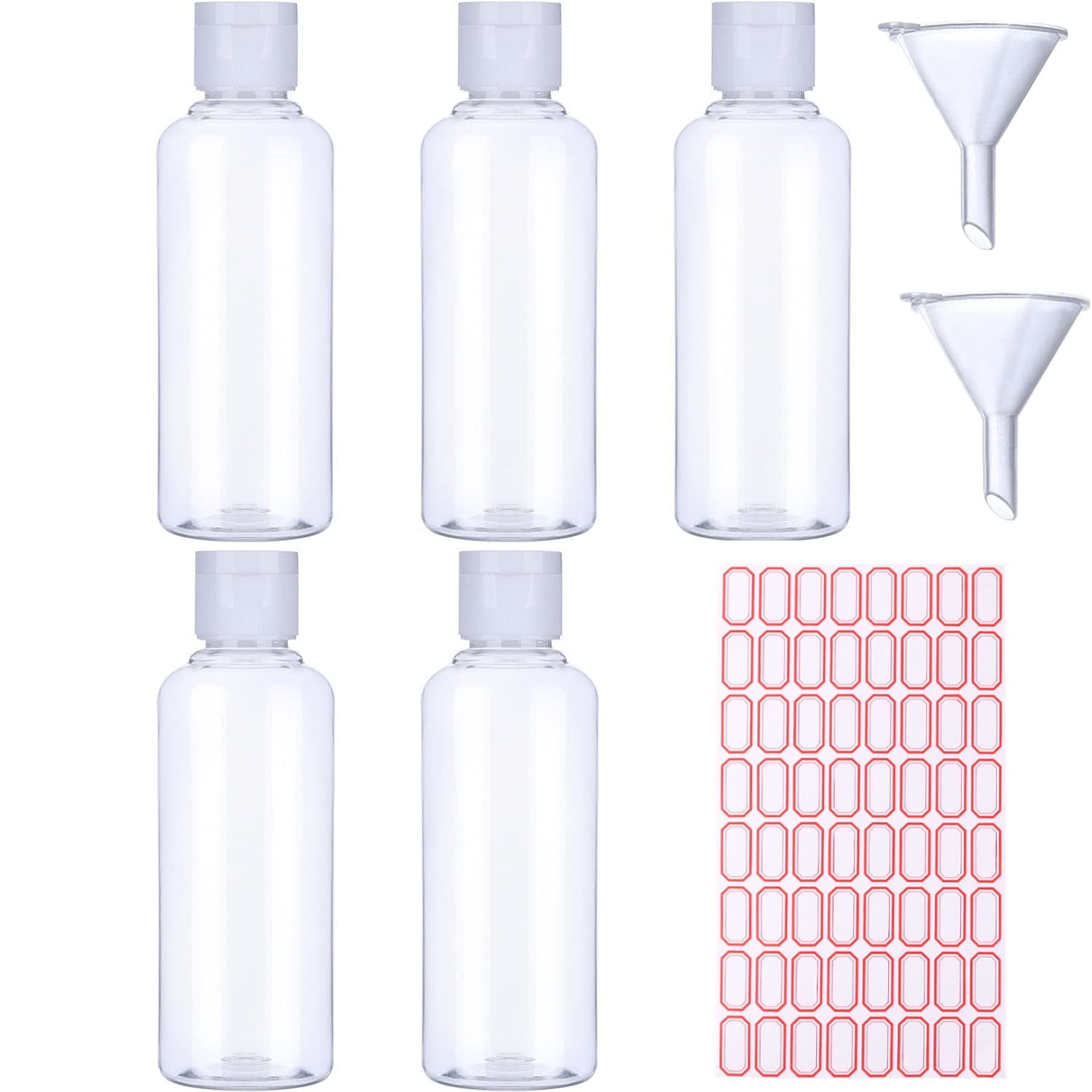 5 Pack 100ml Plastic Bottle with 2 Small Funnel and 64 Sheets Free Labels, Transparent Plastic Air Flight Travel Bottle Set with Small Funnel for Flight, Airport, Vacation