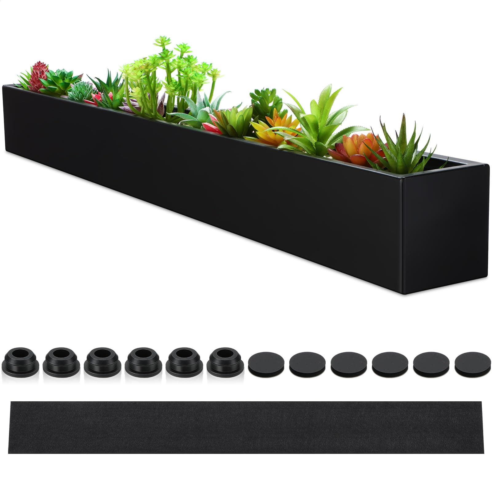 FillTouch 1 Pcs Long Rectangular Planter Box Window Sill Plant Box Metal Water Trough Indoor Large Modern Steel with Drainage Holes Herb Garden Home (32 x 3.5 x 3.5 Inch,Black)