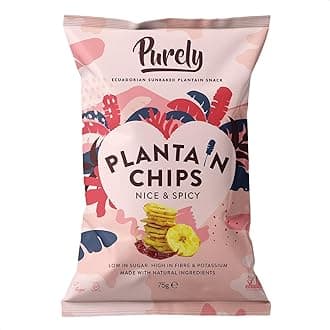Purely Plantain Chips - Low Fat Plantain Crisps - Gluten Free Snacks - Healthy Alternative Snack Multipack - Vegan, Nutritious & All Natural - Nice & Spicy - 75g x 3 Pack