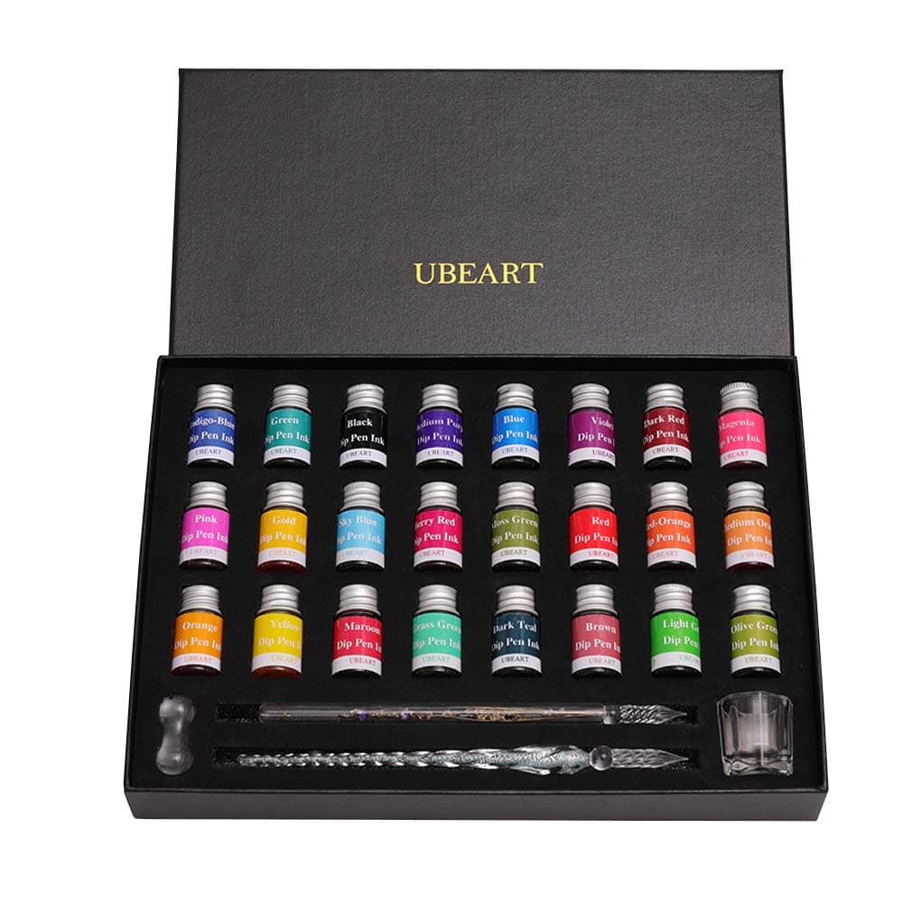 Glass Dip Pen Set,28 Pieces Calligraphy Set Includes 24 Color Inks Cleaning Cup Pen Holder 2 Crystal Glass Pens,Calligraphy Kit Ideas for Birthday Graduation Gifts Beginners