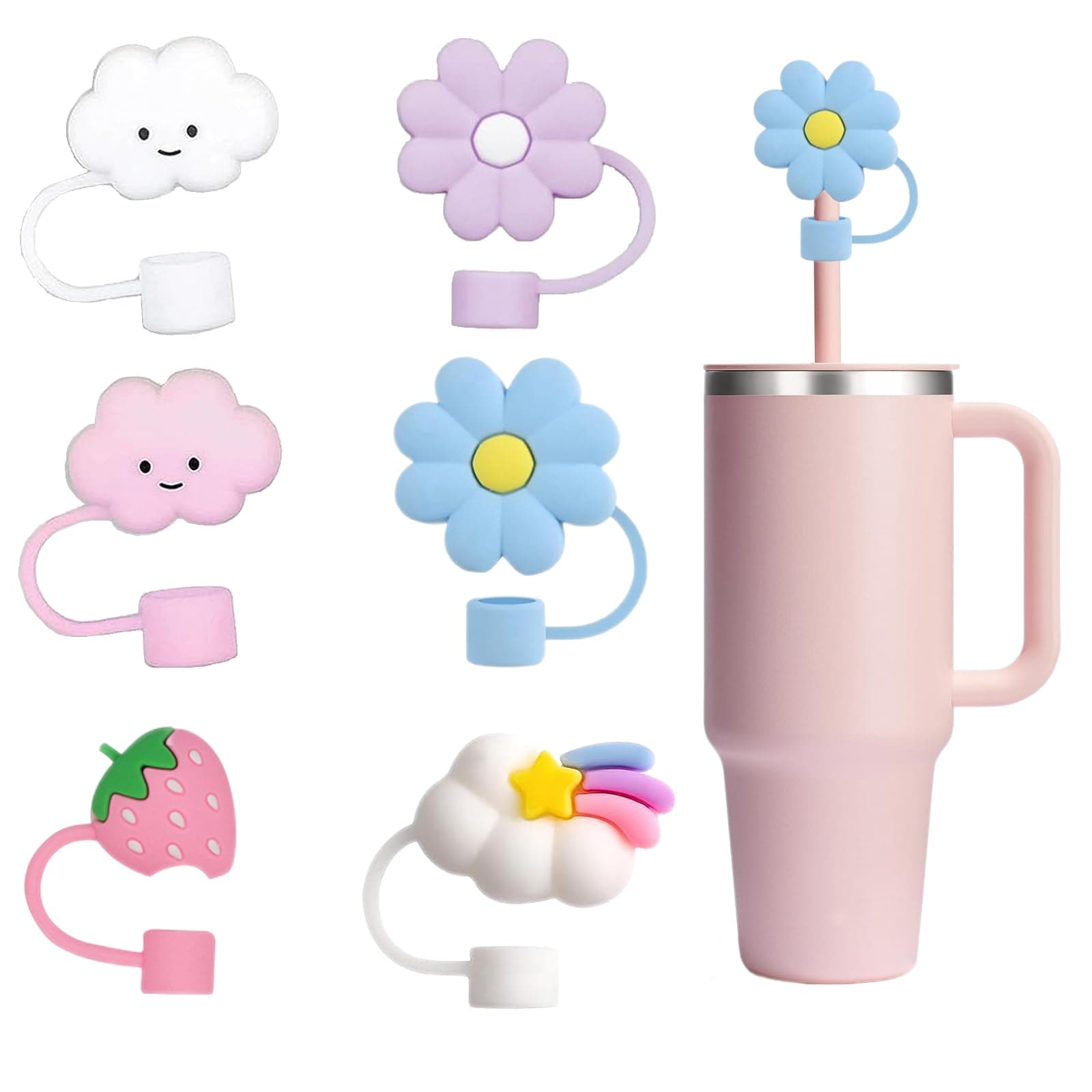 10mm Straw Cover for Stanley Cup, Compatible 6Pcs Cute Cloud Blossom Strawberry Straw Toppers for Tumblers, Reusable