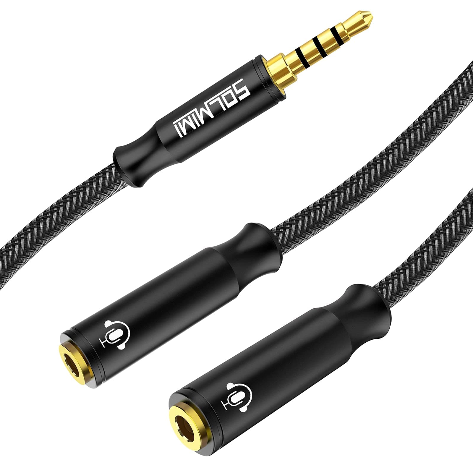 Headphone Splitter 3.5 mm TRRS Stereo Audio Y Splitters Braided 4-Pole Male to 2-Female Dual Headphone Jack Adapter for Headset PC Smartphone Xbox PS4 & More - Matte Black(1 ft-30cm)