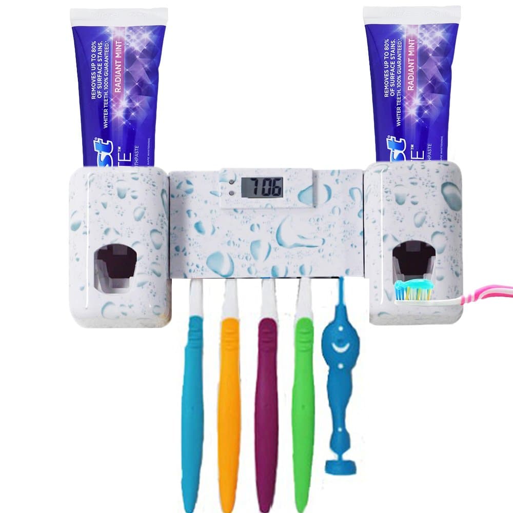 Wekity Toothbrush Holder with Double Combination Automatic Toothpaste Dispenser Toothpaste Holder with Electronic Watch 5 Toothbrush Grooves, Super Strong Stickers and Screws for Bathroom(White)