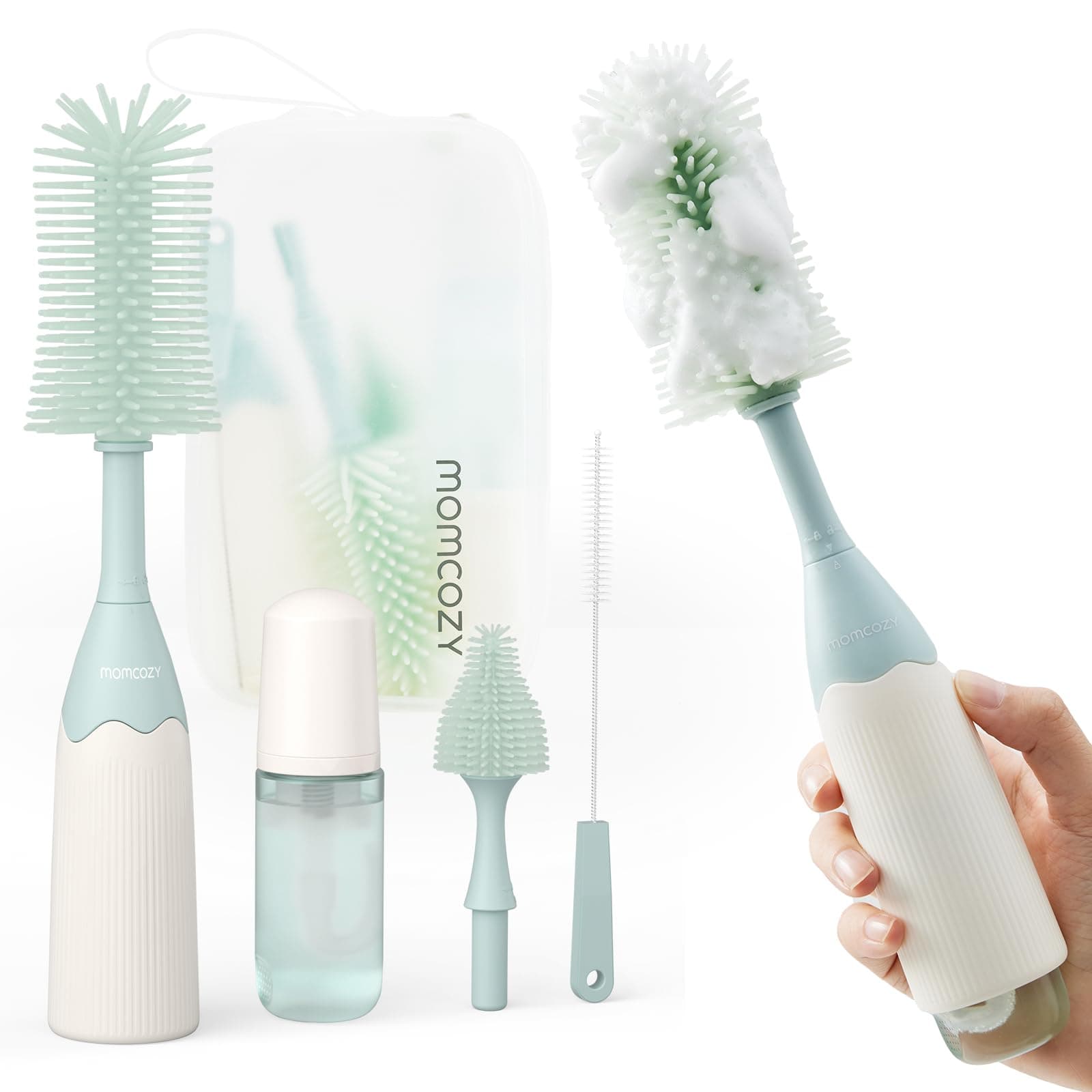 Momcozy Bottle Brush Kit, Innovative Push-Press Design for Better Cleaning - Baby Bottle Cleaner Brush for Baby Bottle, Breast Pumps, , and More - Can Generate Foam for Better Cleaning, Green