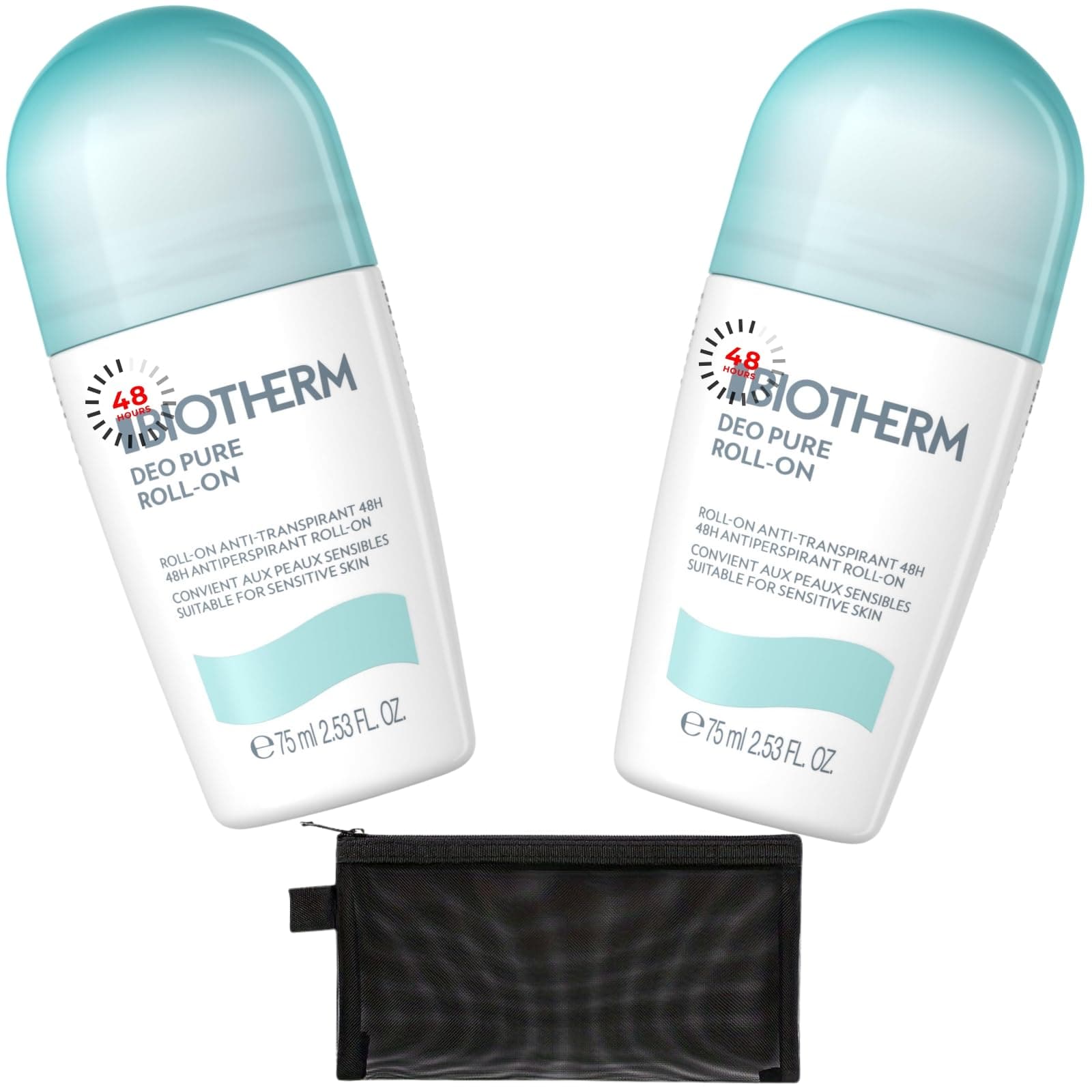 Roll On Deodorant Womens Bundle Deo Pure Antiperspirant 75ml Pack of 2, Alcohol-free, Paraben-free, Travel Friendly with Black Mesh Cosmetic Bag