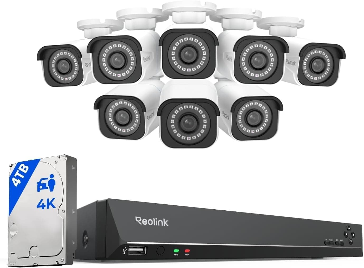 4K Security Camera System, RLK16-800B8 8pcs H.265 PoE Wired with Person Vehicle Detection, 8MP/4K 16CH NVR with 4TB HDD for 24-7 Recording
