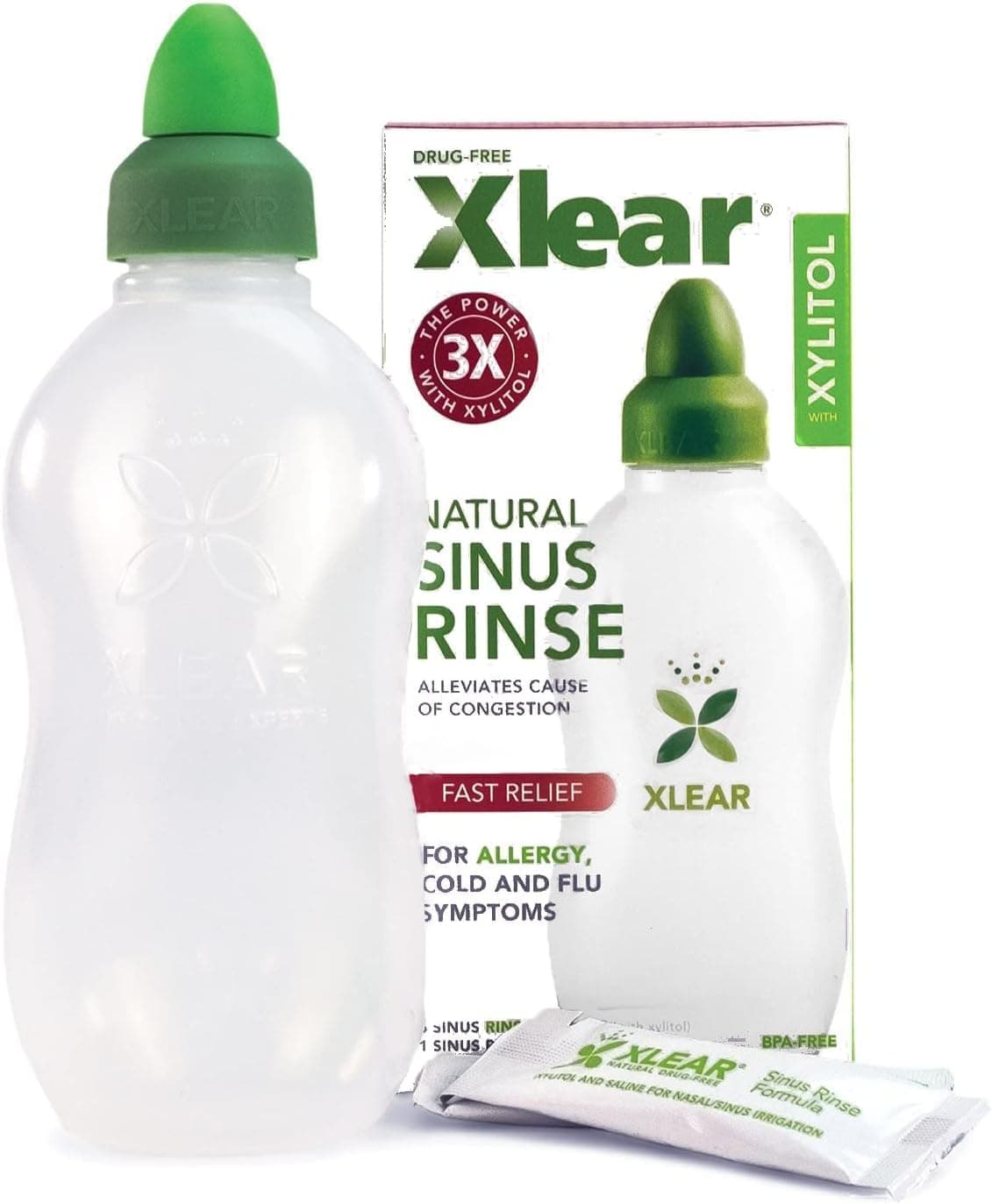 Xlear Natural Xylitol Nasal Irrigation System with 6 Saline Packets and 1 Sinus Rinse Bottle - Nose Cleaner for Fast Pressure and Congestion Relief (Pack of 1)