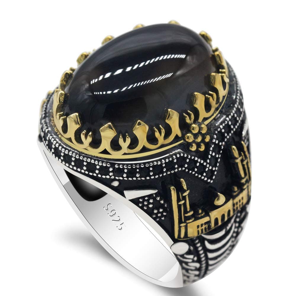 Natural Agate Ring for Men S925 Sterling Silver Black Agate Stone Ring Vintage Castle Men's Ring Gothic Style Unique Hand Ring