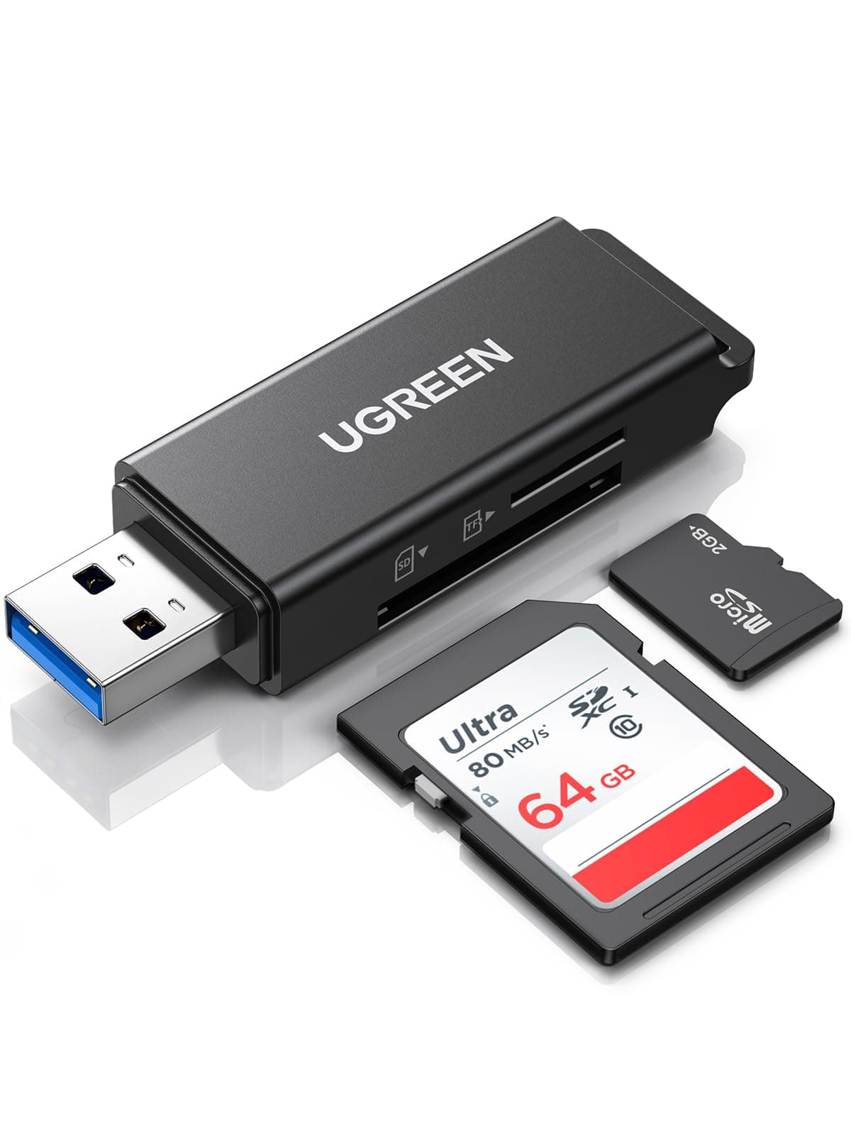 UGREEN SD Card Reader Portable USB 3.0 Dual Slot Flash Memory Card Adapter Hub for TF, Micro SD, SDXC, SDHC, MMC, RS-MMC, Micro SDXC, UHS-I for Mac, Windows, Linux, Chrome, PC, Laptop