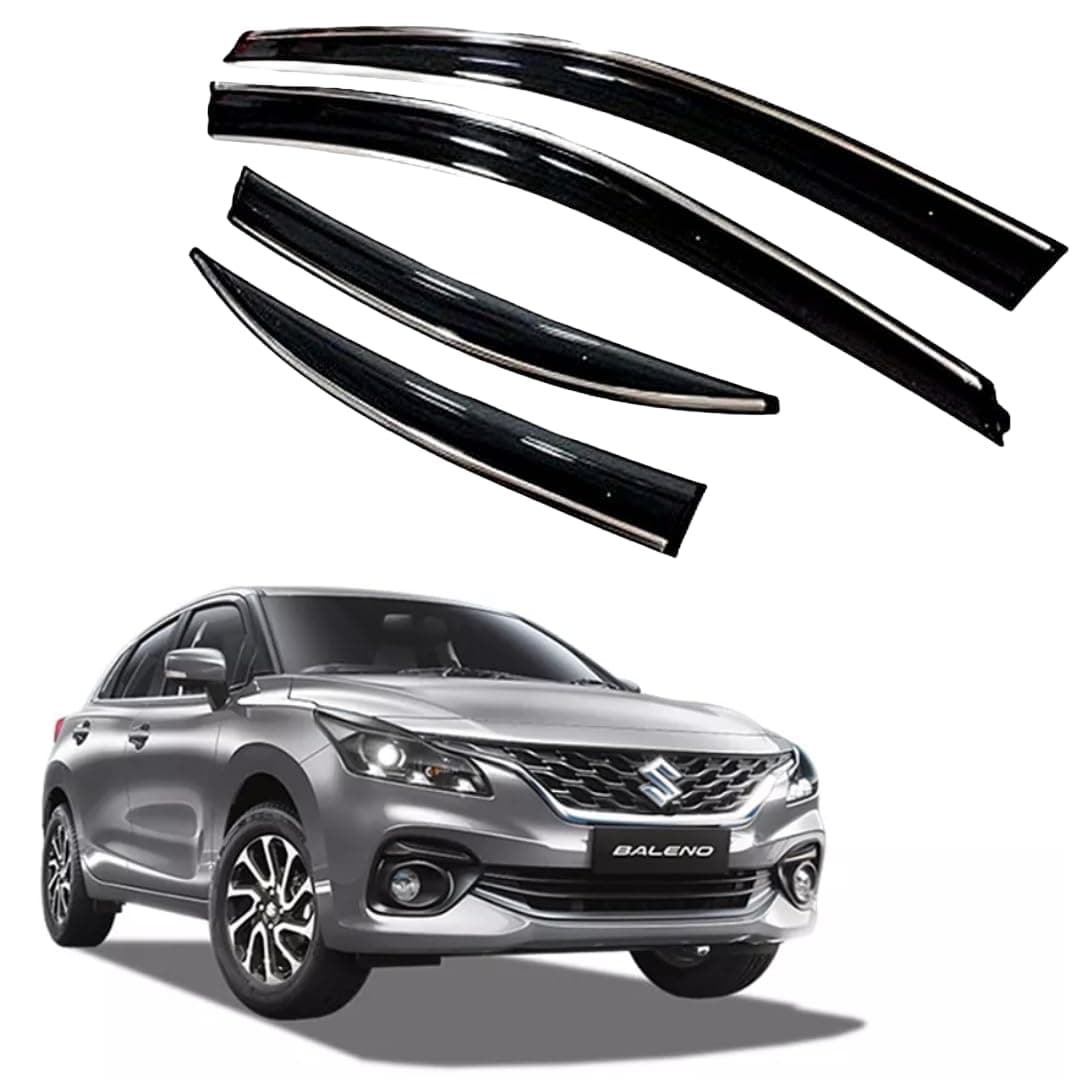 ROYALTECH Premium Chromeline & Silverline Unbreakable Car Rear Window Wind Deflectors & Side Door Visor Rain Guard Compatible with (Maruti Suzuki Baleno (2022 Onwards))