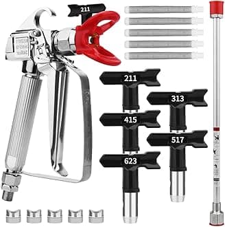 3600 PSI High Airless Paint Sprayer Gun with Nozzle Guard and with 5 Spray Nozzle Tips and 5 Airless Paint Sprayer Gun Filters and 16Inch(40CM) Spray Painted Extension Pole (211, 313, 415, 517, 623)