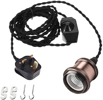 FSLiving 4.5 Meters of Black Twisted Fabric Cable Plug In Pendant Lighting Kit Pendant Light Fitting with Dimmer Switch and E27 Red Copper Lamp Holder